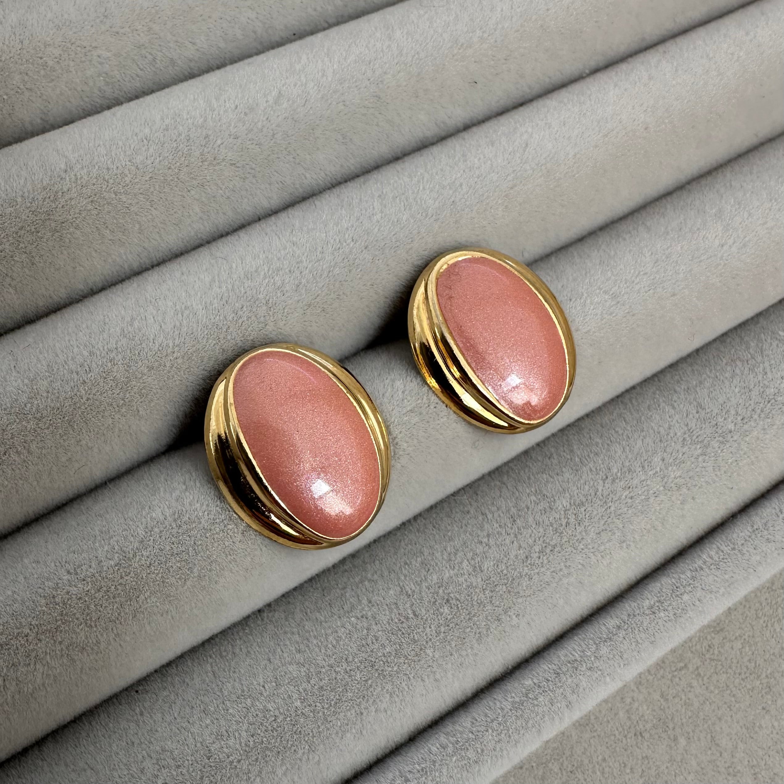 Vintage gold tone and pink enamel oval stud earrings