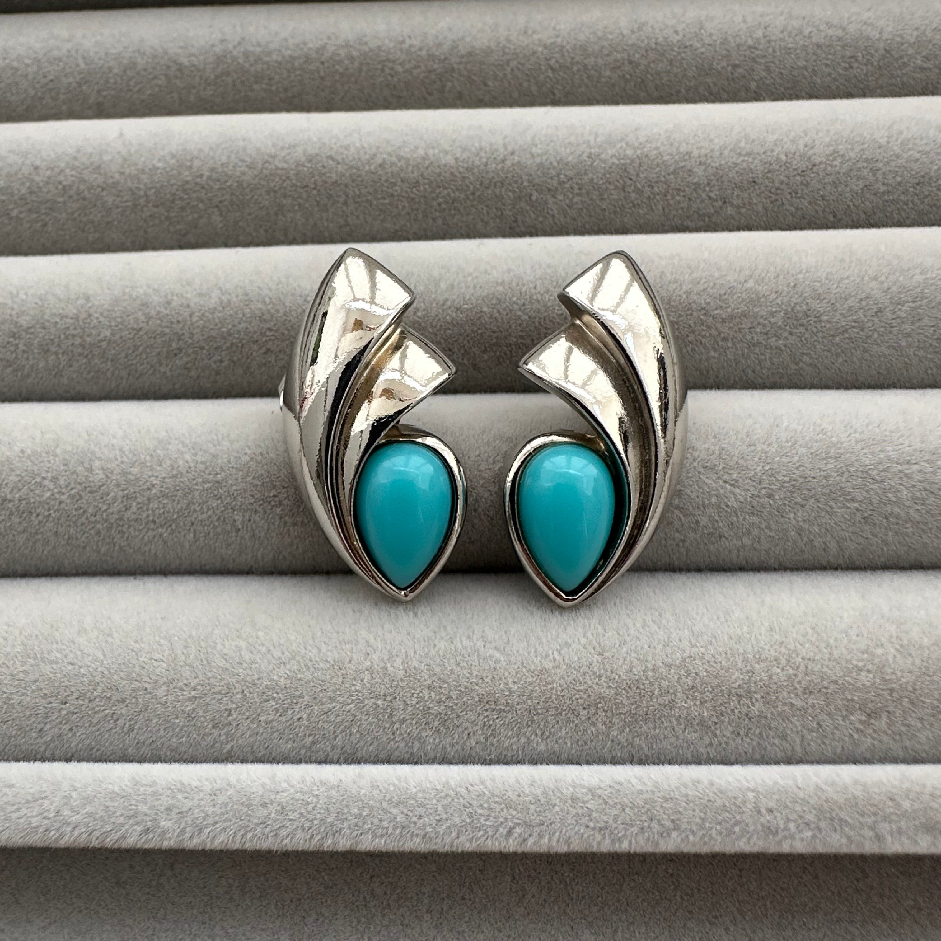 Vintage silver tone and blue сabochons earrings