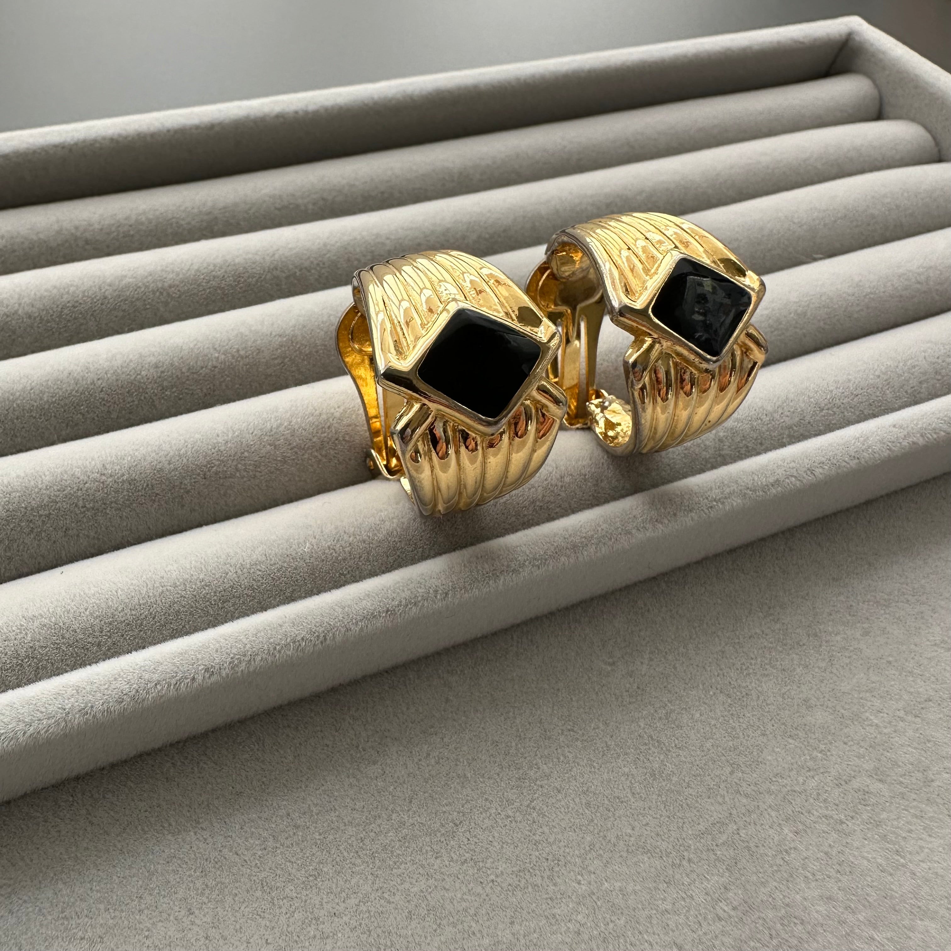 Vintage gold-tone and black textured hoop clip-on earrings