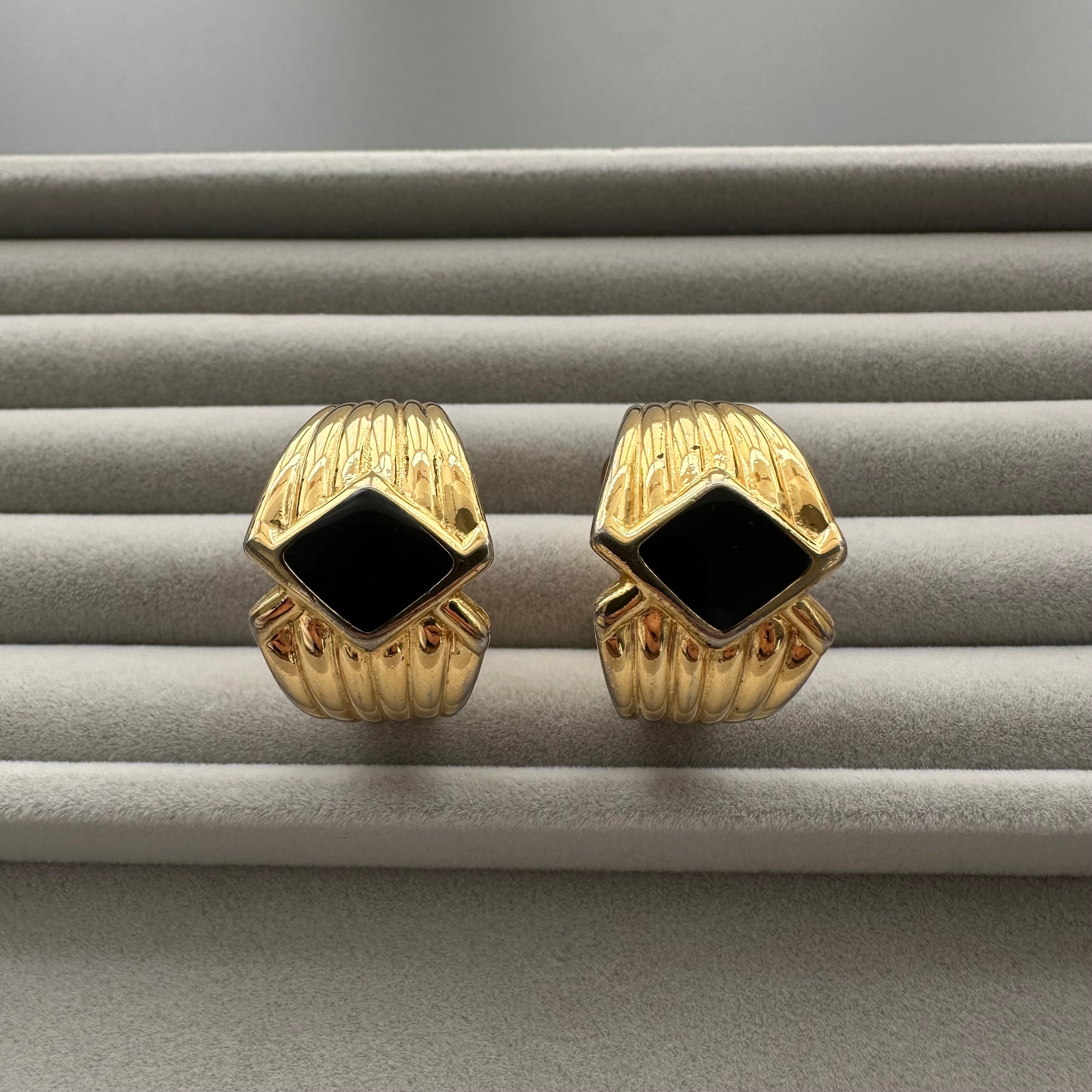 Vintage gold-tone and black textured hoop clip-on earrings