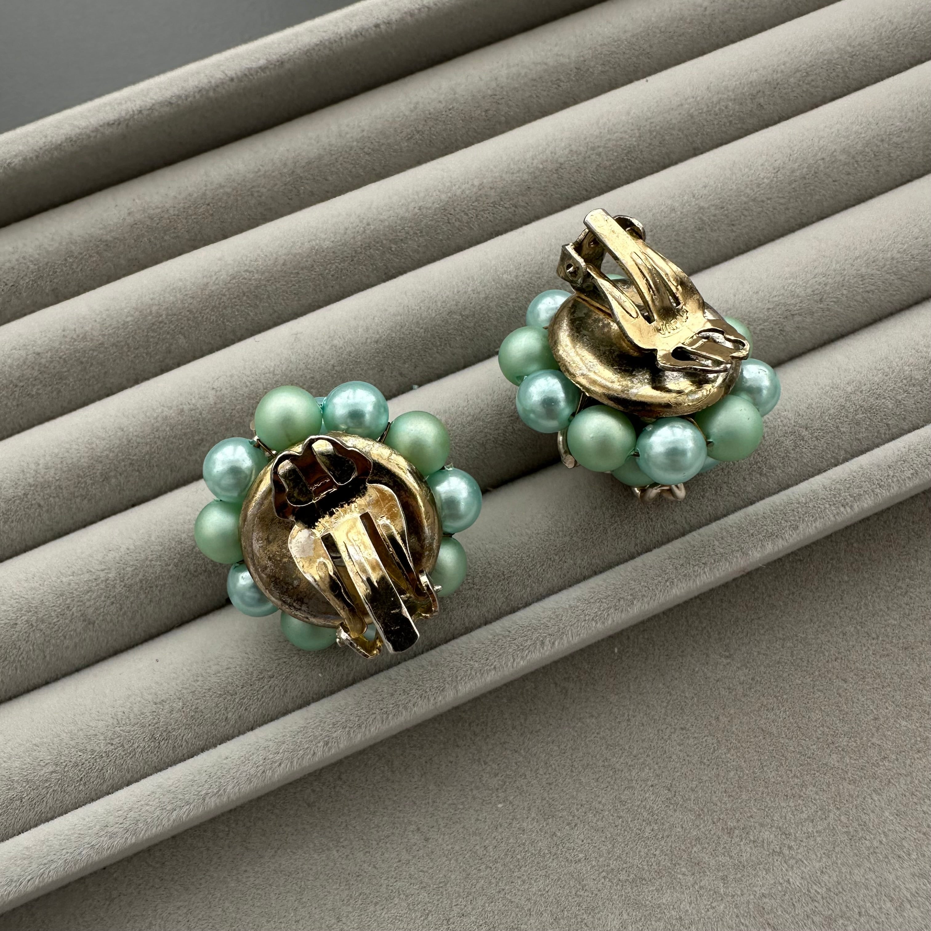 Vintage Japan mint green & gold beaded clip on earrings