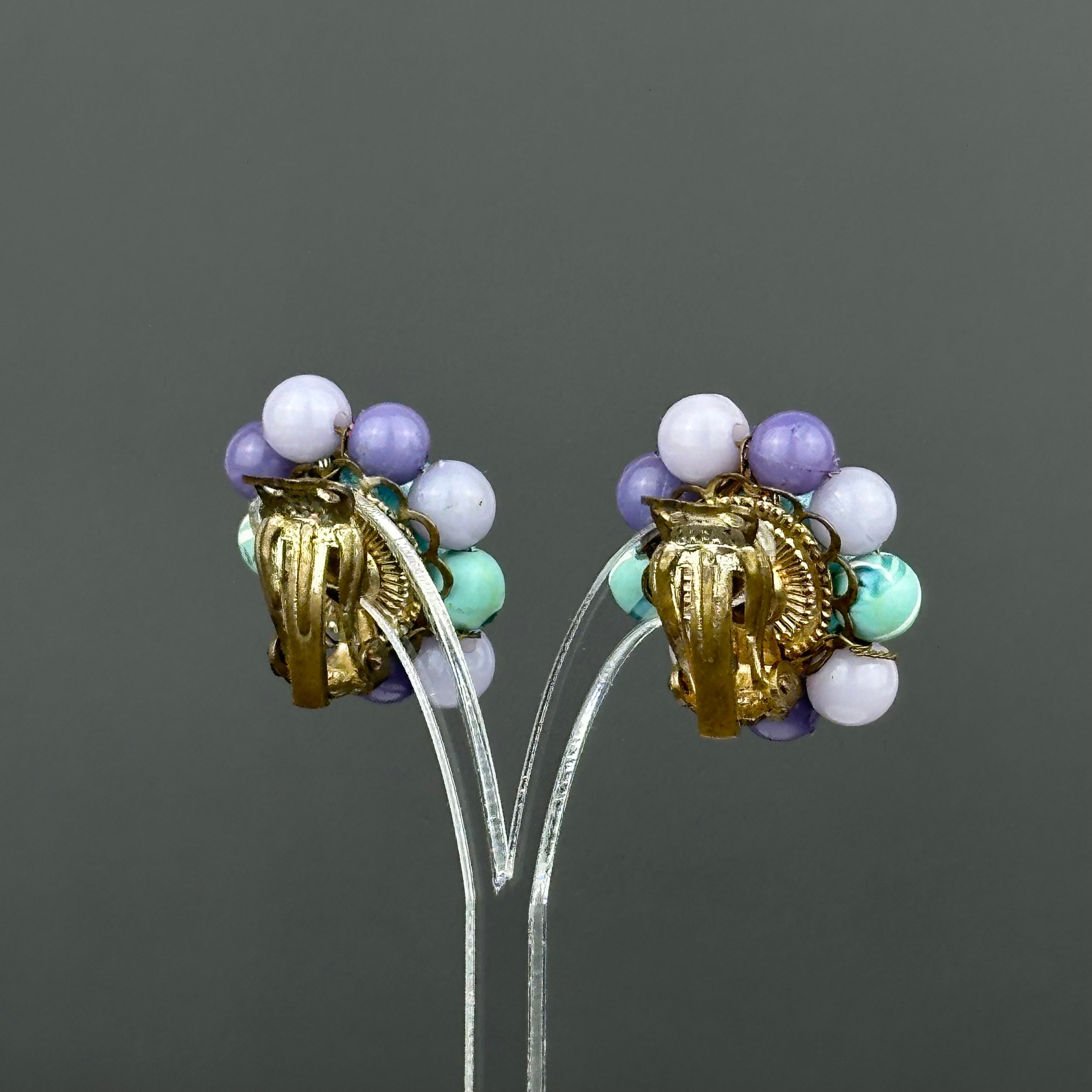 Vintage Japan turquoise & lavender beaded clip-on earrings