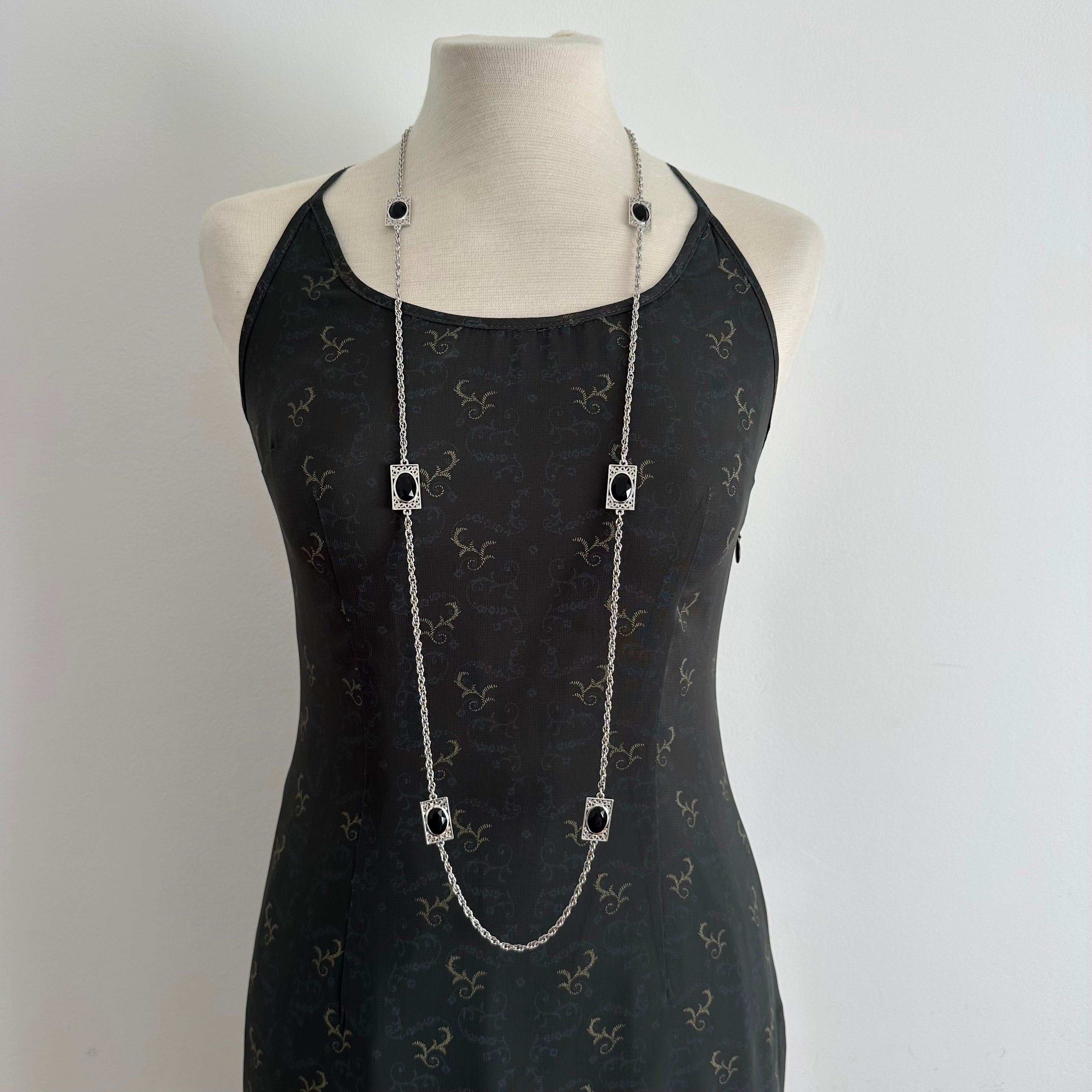 Vintage EMMONS silver tone and black necklace & clip on earrings set