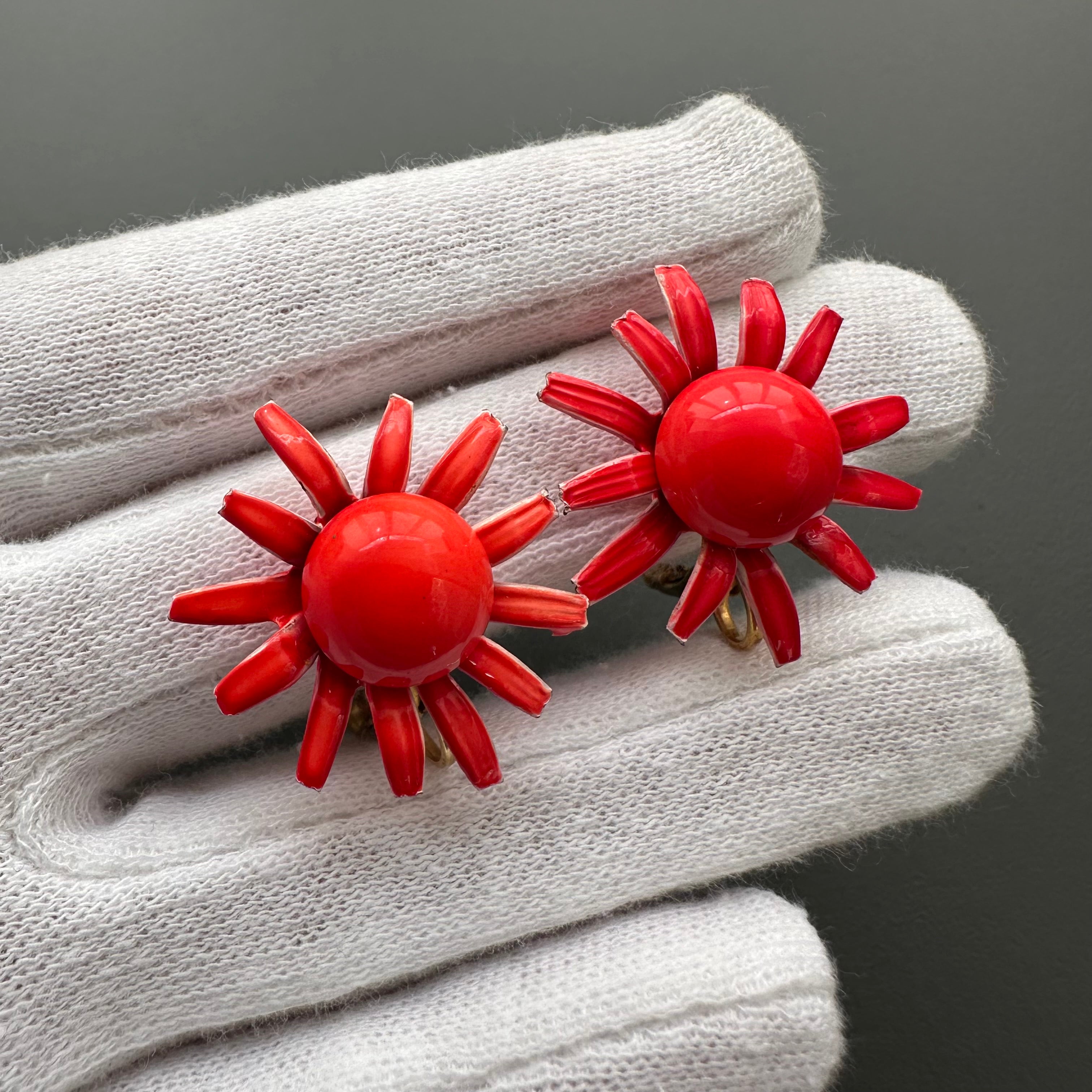 Vintage red enamel flower clip-on earrings