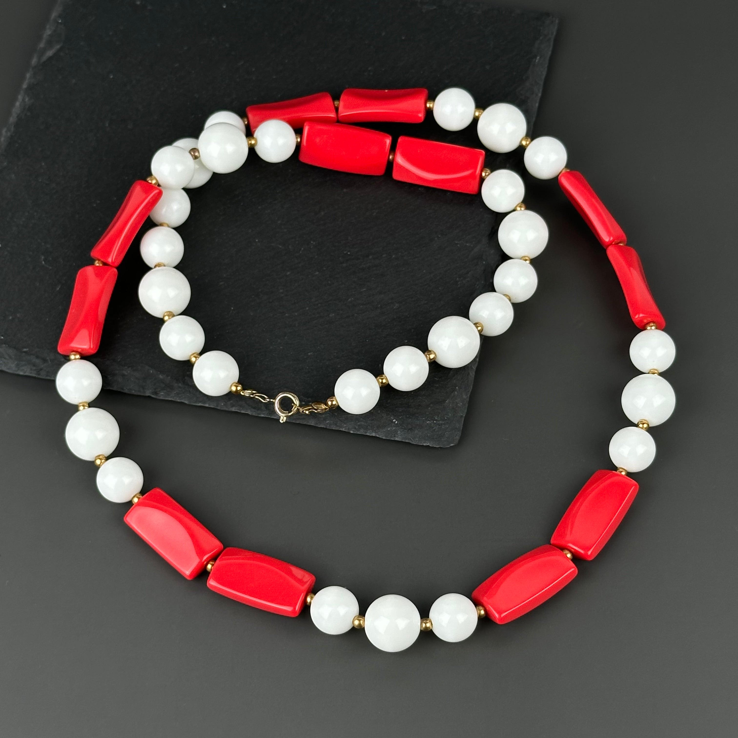 Vintage red and white plastic bead necklace
