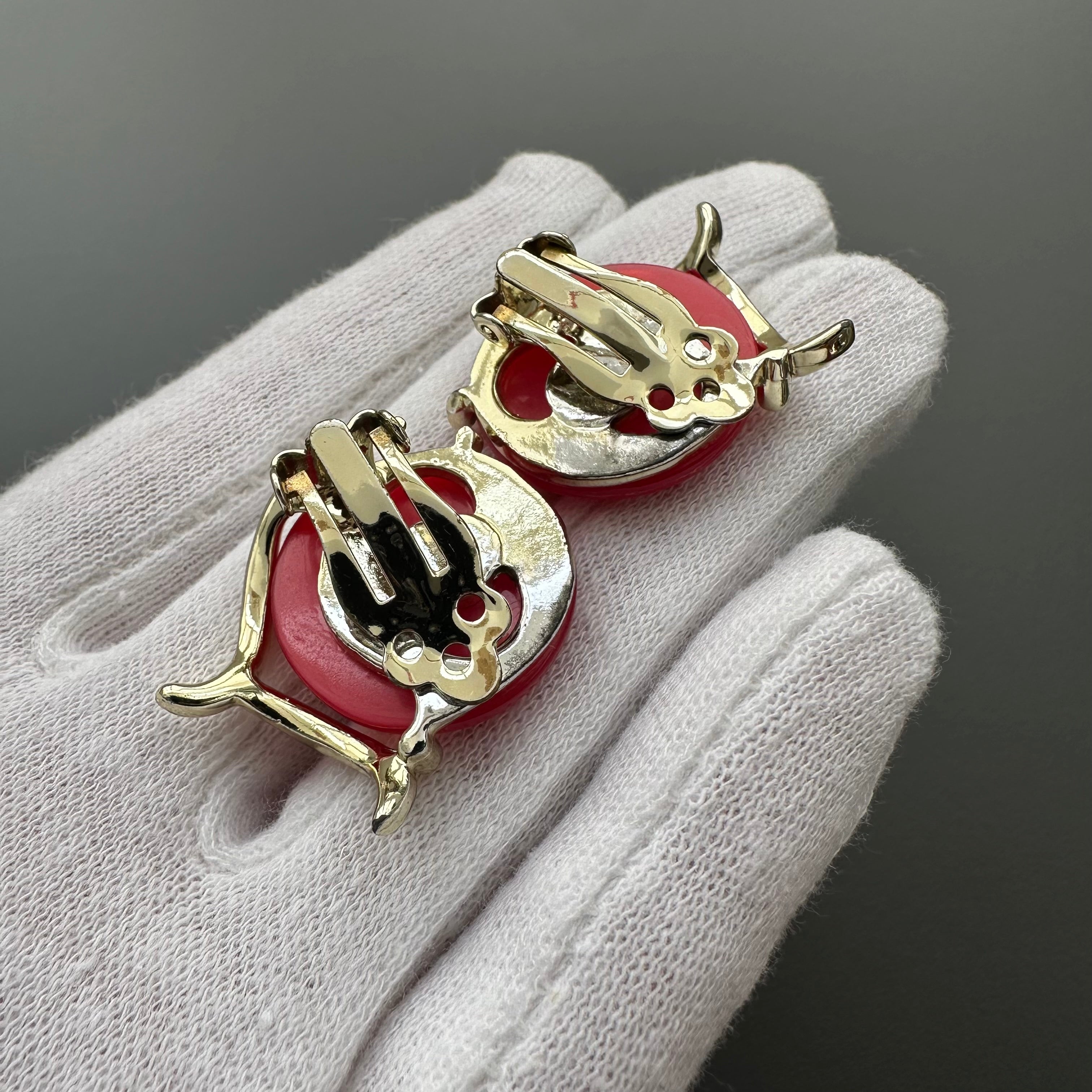 Vintage gold-tone and red lucite clip-on earrings
