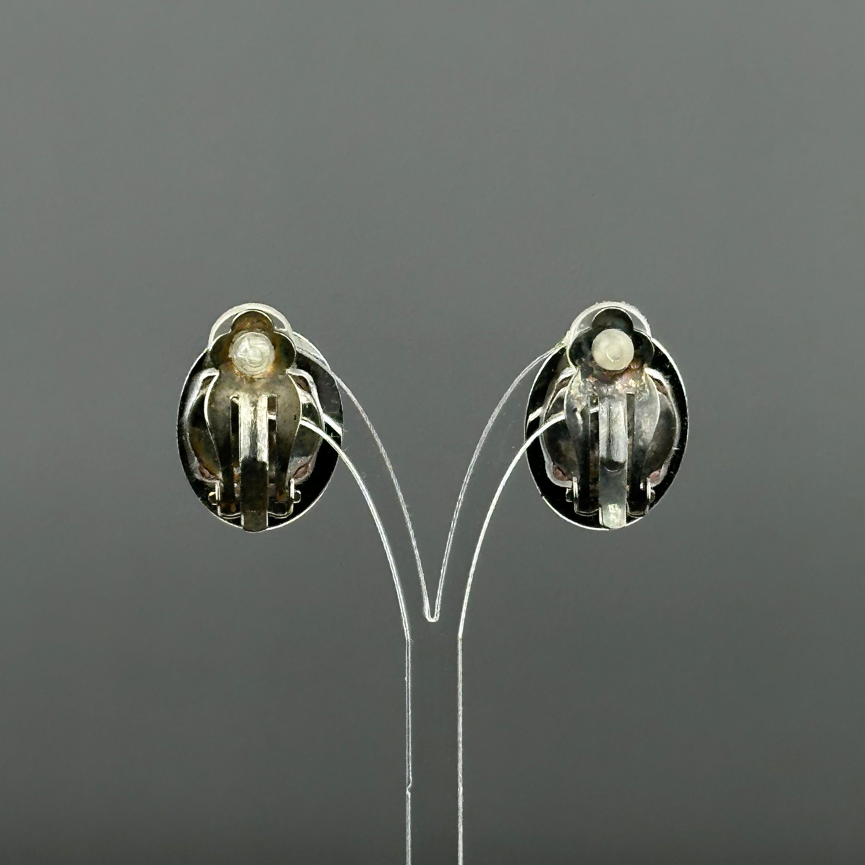 Vintage silver tone and black oval clip on earrings