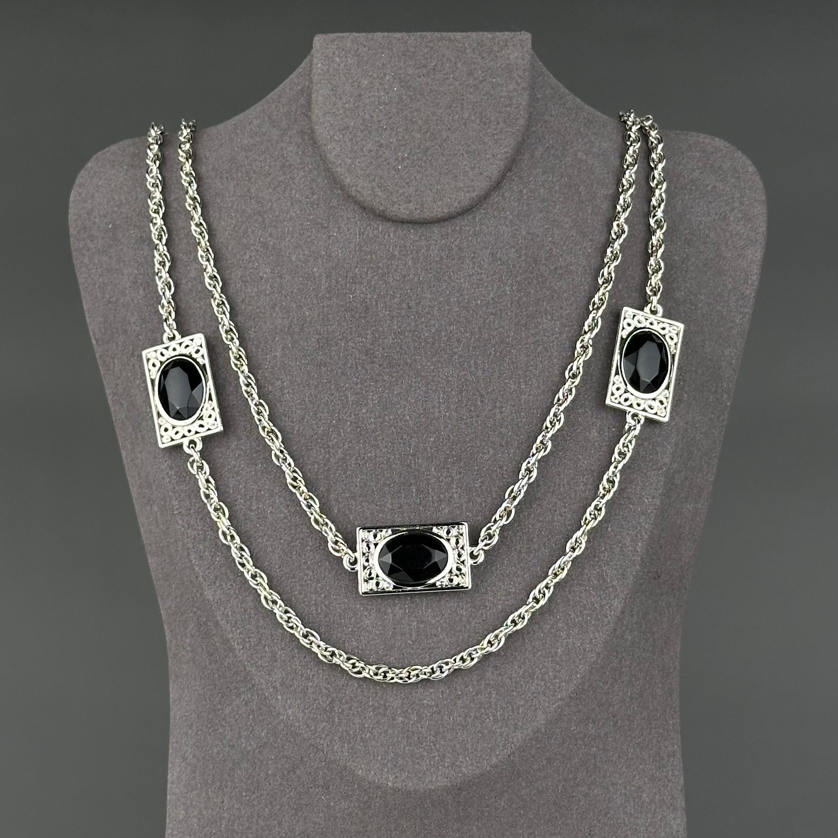 Vintage EMMONS silver tone and black necklace & clip on earrings set