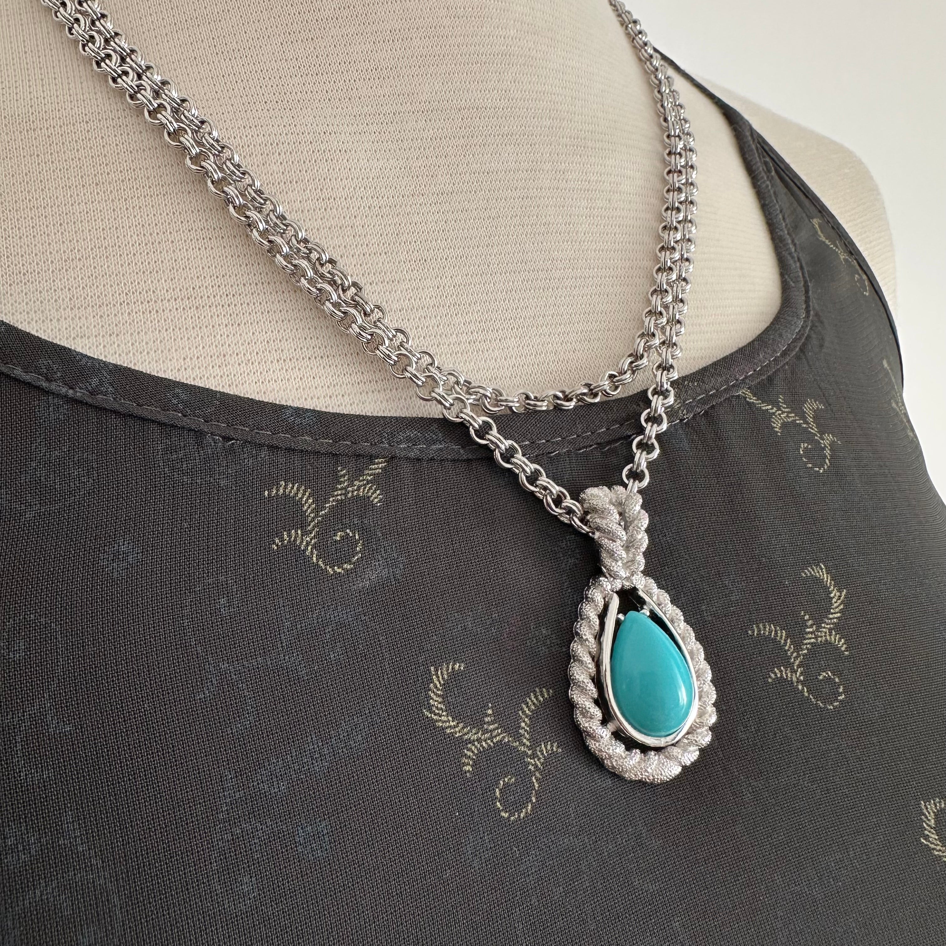 Vintage AVON silver tone double chain necklace with turquoise teardrop pendant