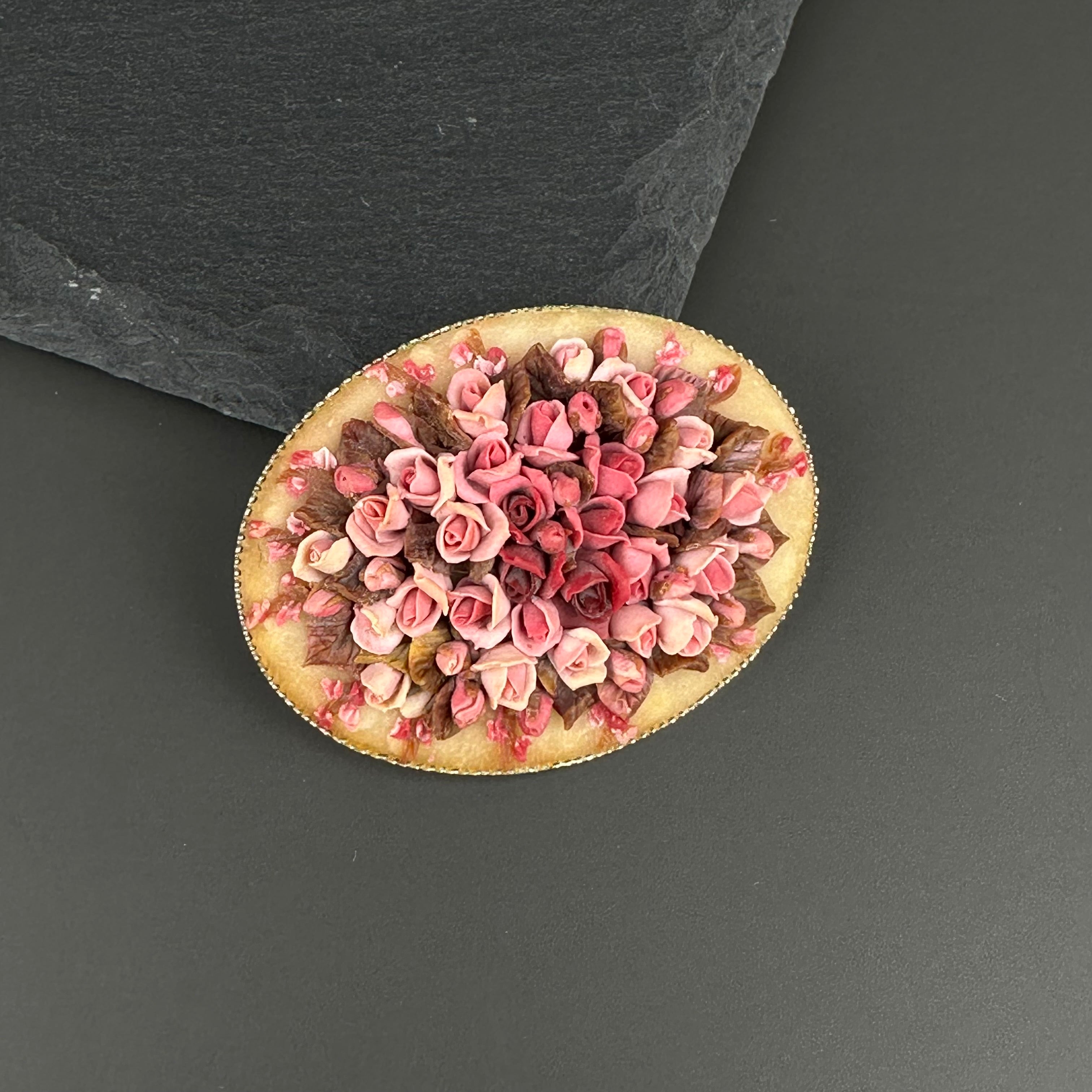 Vintage handmade floral oval brooch