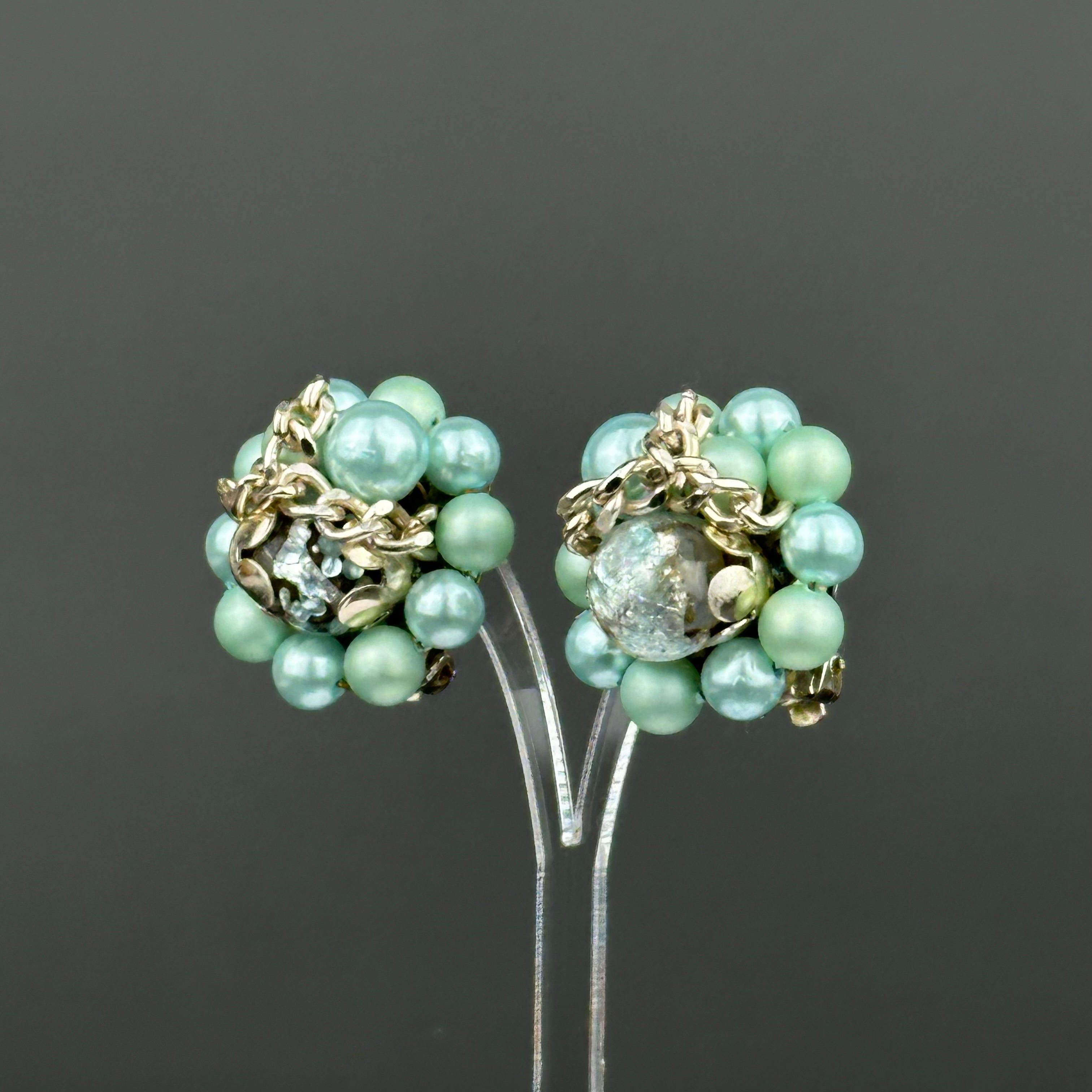 Vintage Japan mint green & gold beaded clip on earrings