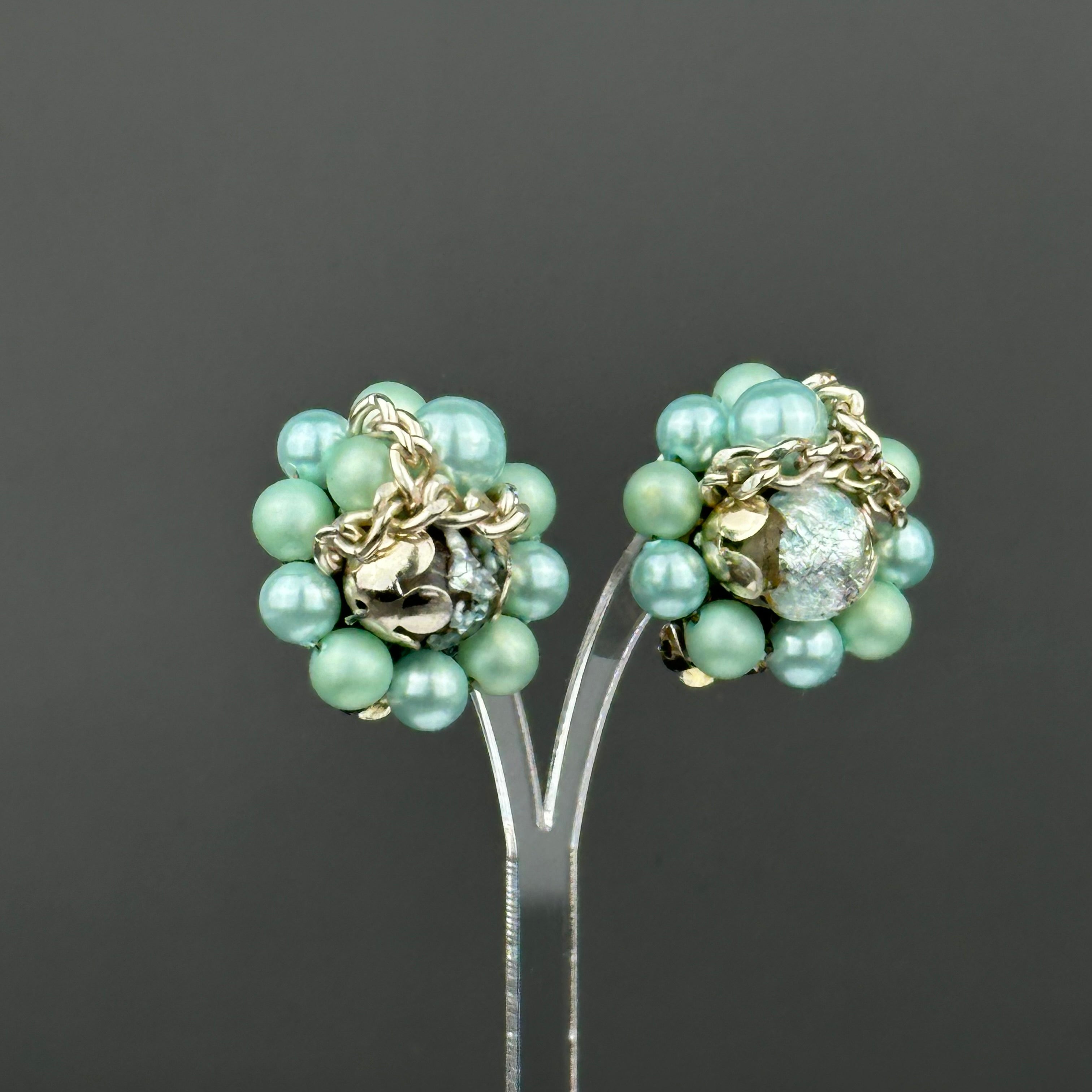 Vintage Japan mint green & gold beaded clip on earrings