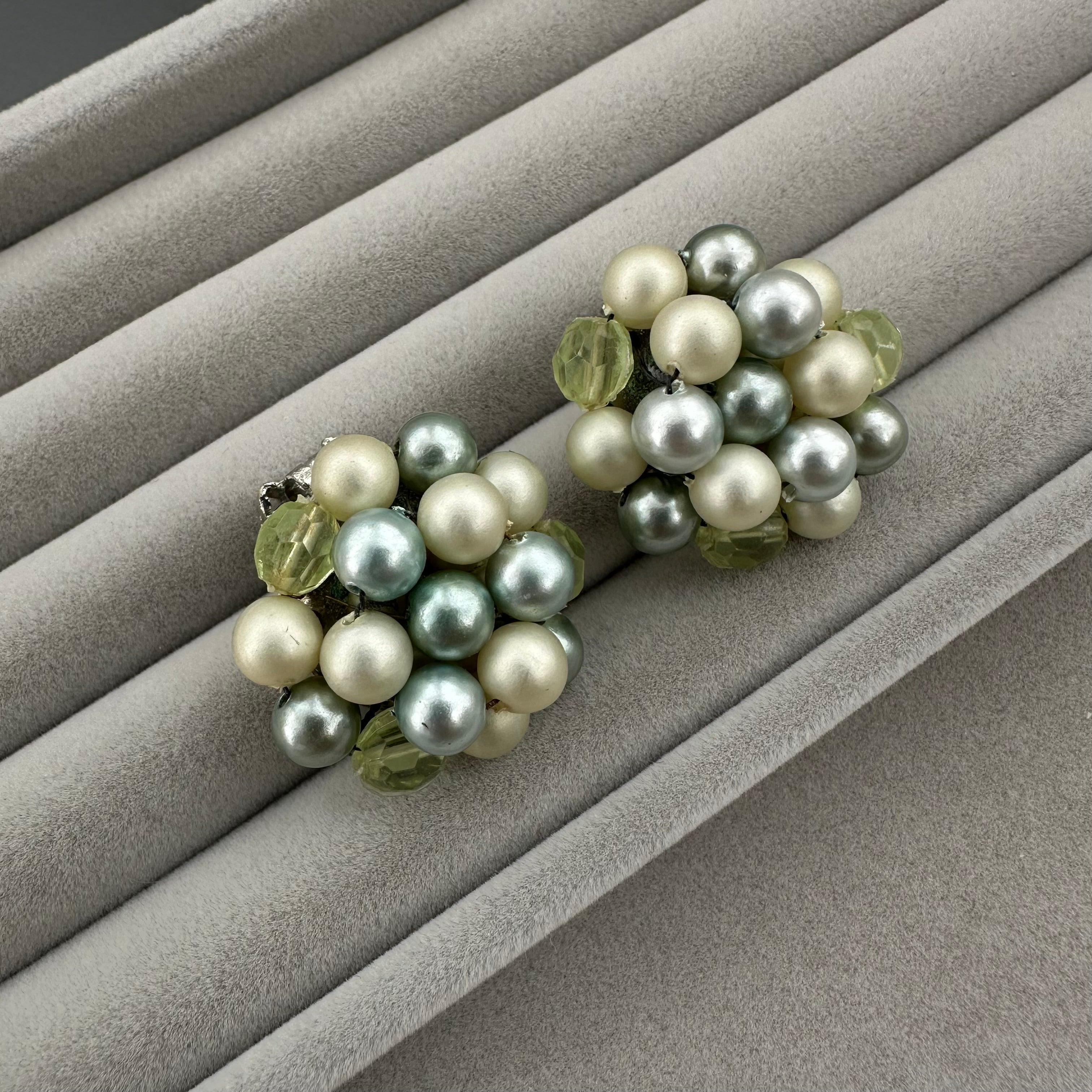 Vintage Japan mint green & light green beaded clip on earrings