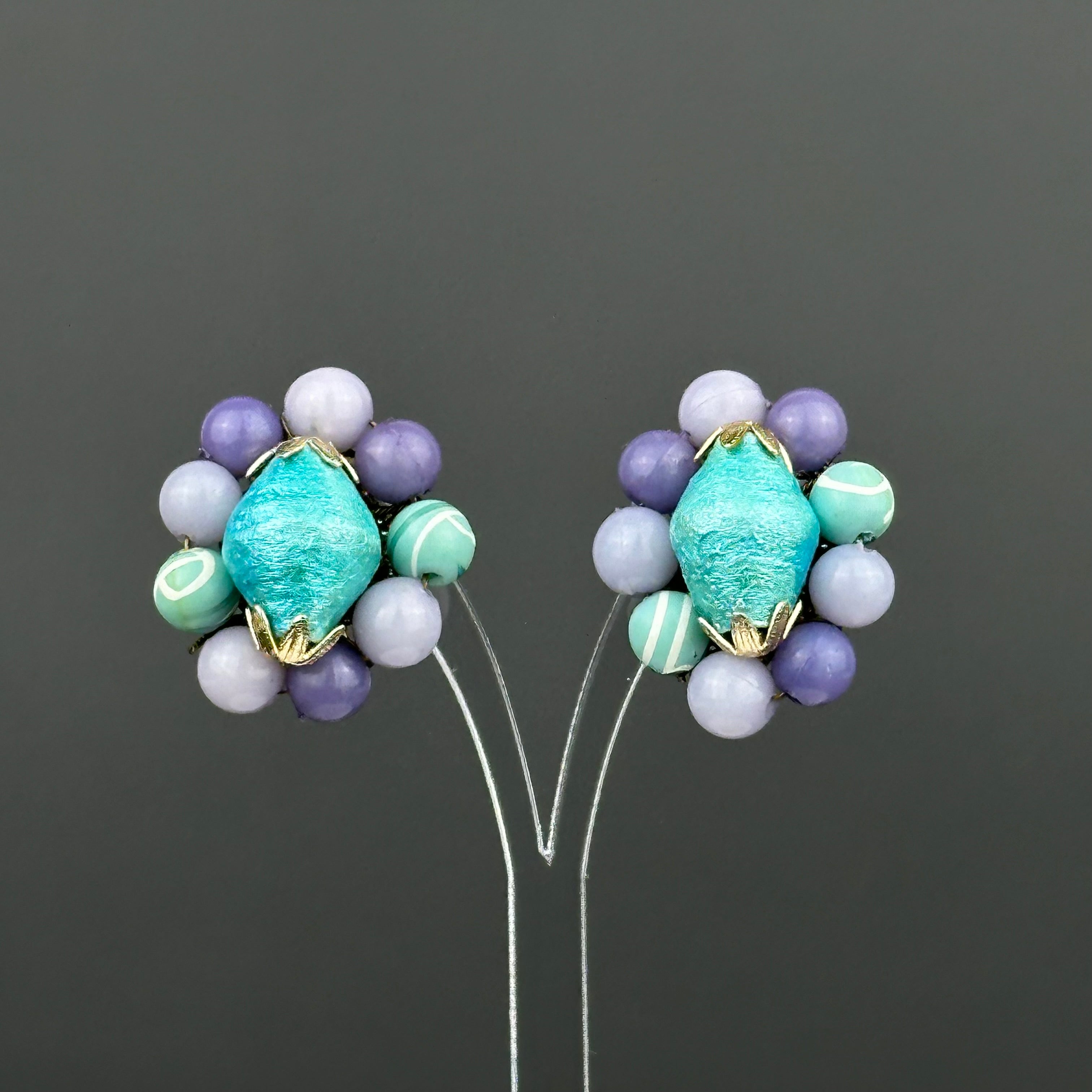 Vintage Japan turquoise & lavender beaded clip-on earrings