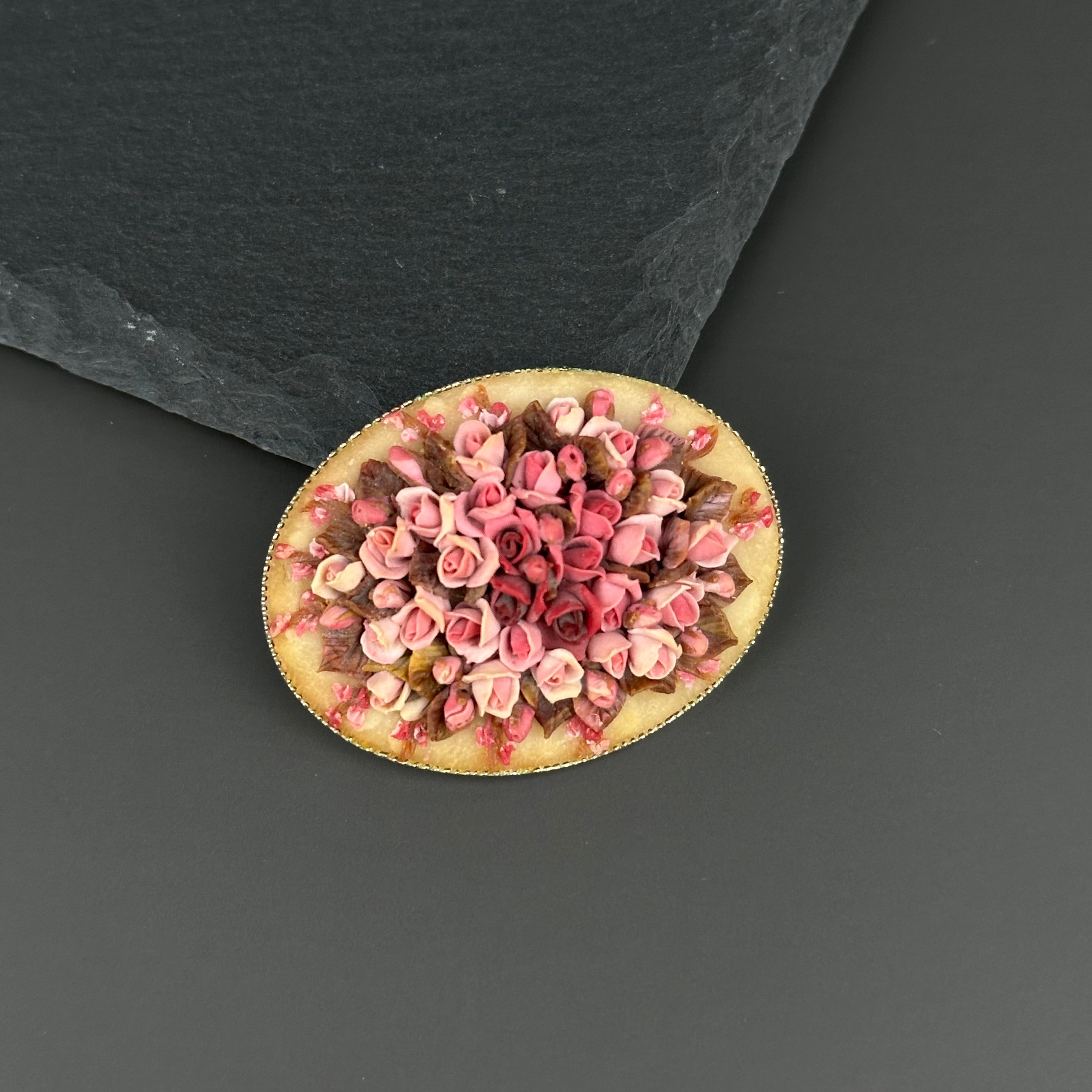 Vintage handmade floral oval brooch