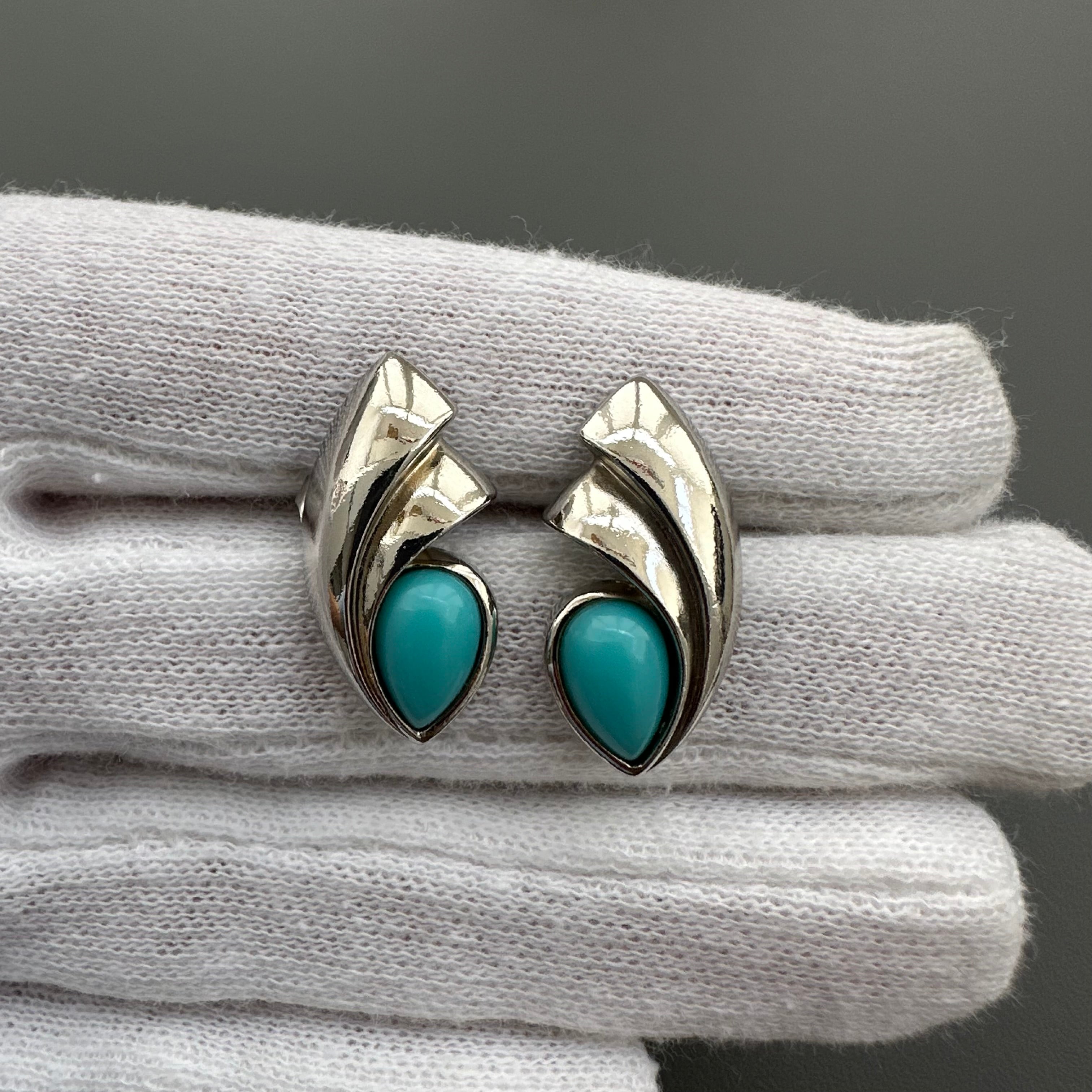 Vintage silver tone and blue сabochons earrings