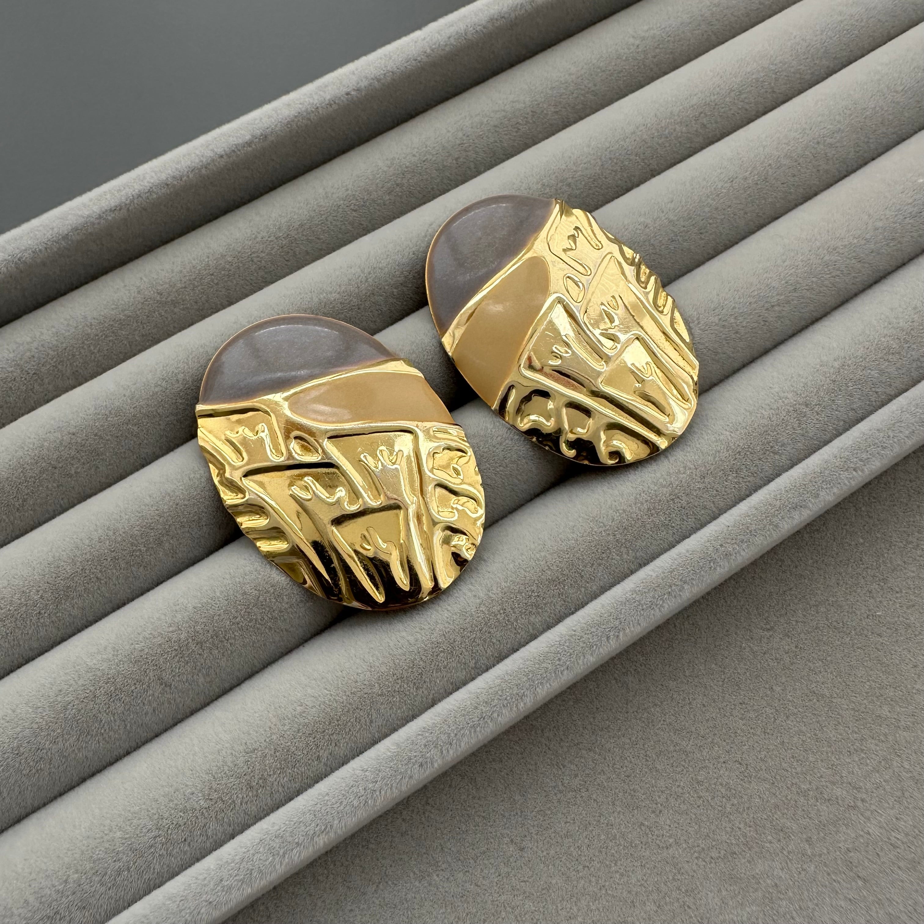 Vintage gold tone and grey enamel oval stud earrings