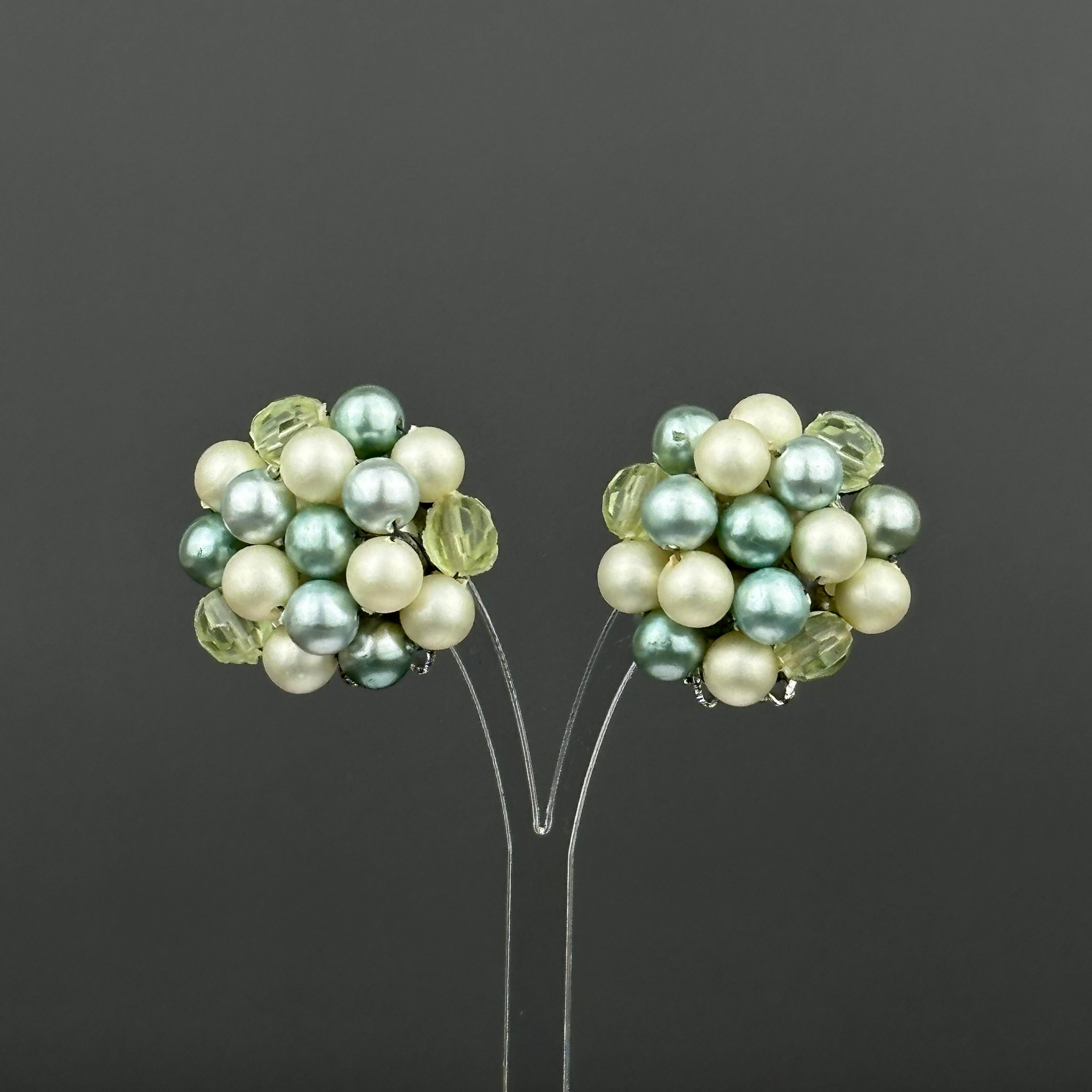 Vintage Japan mint green & light green beaded clip on earrings