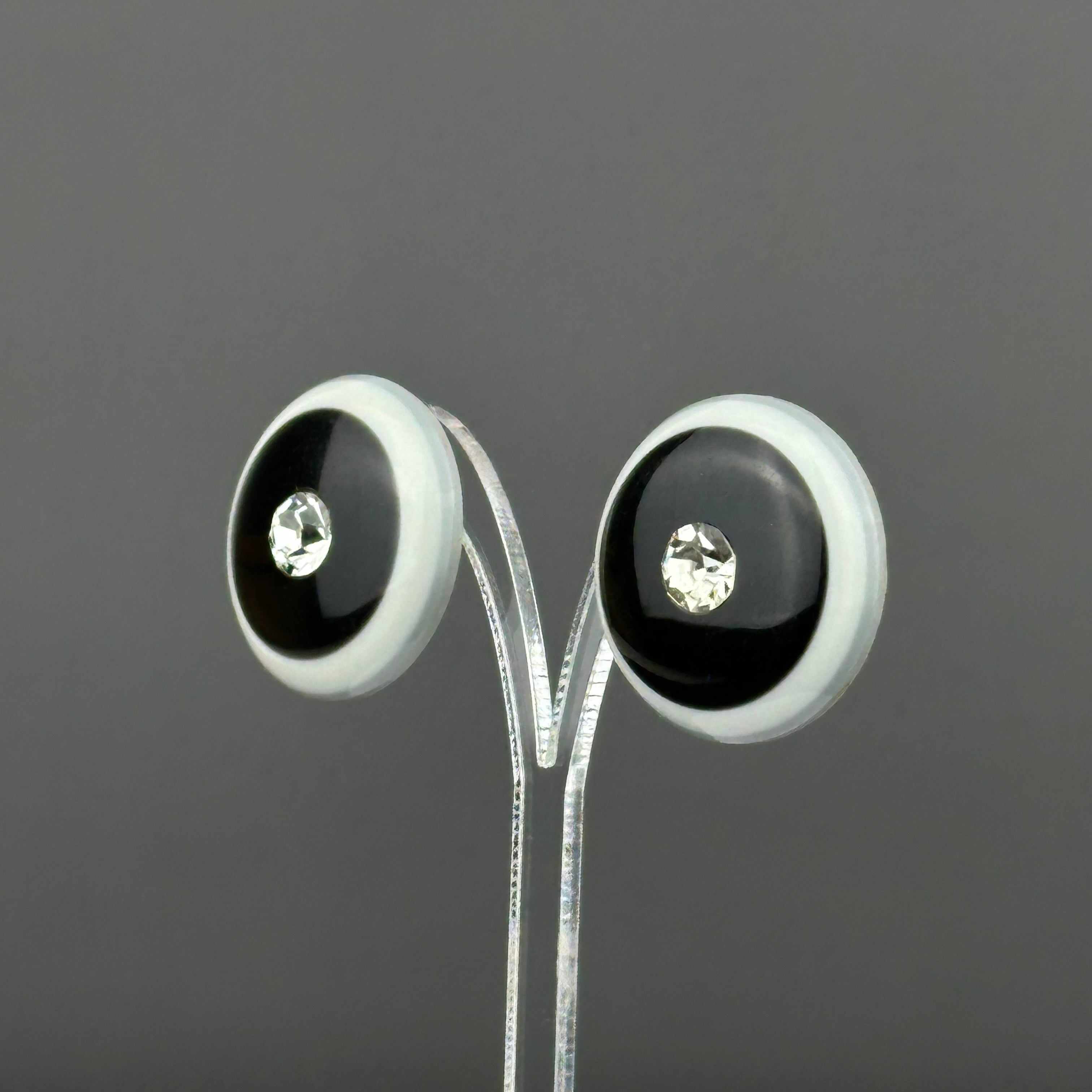 Vintage grey & black plastic round clip on earrings with clear crystal