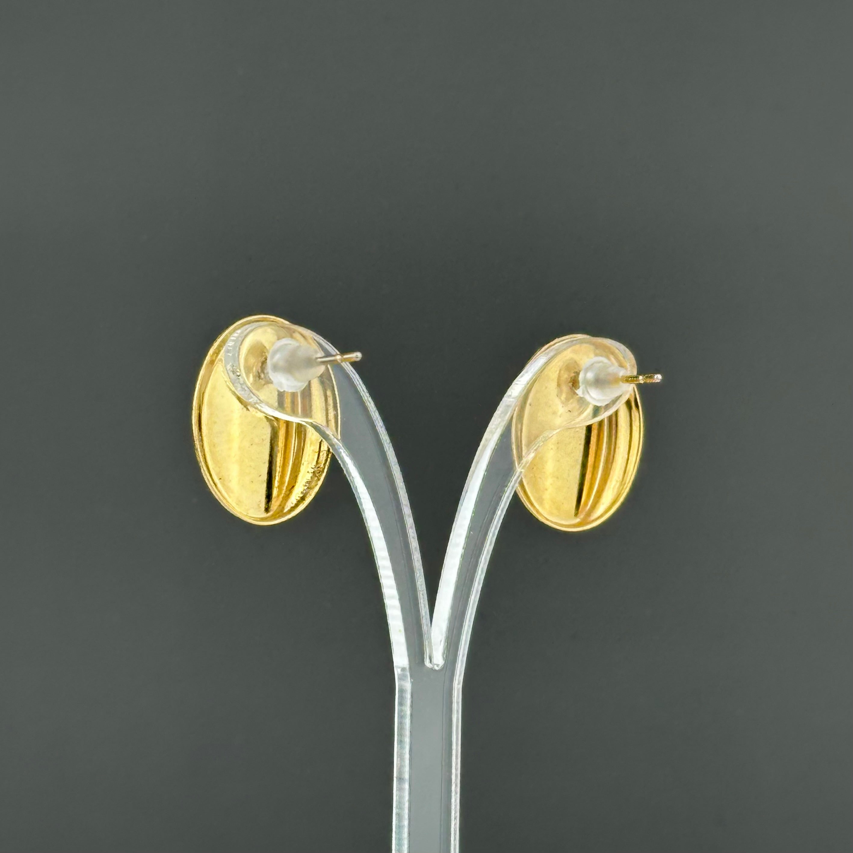 Vintage gold tone and pink enamel oval stud earrings