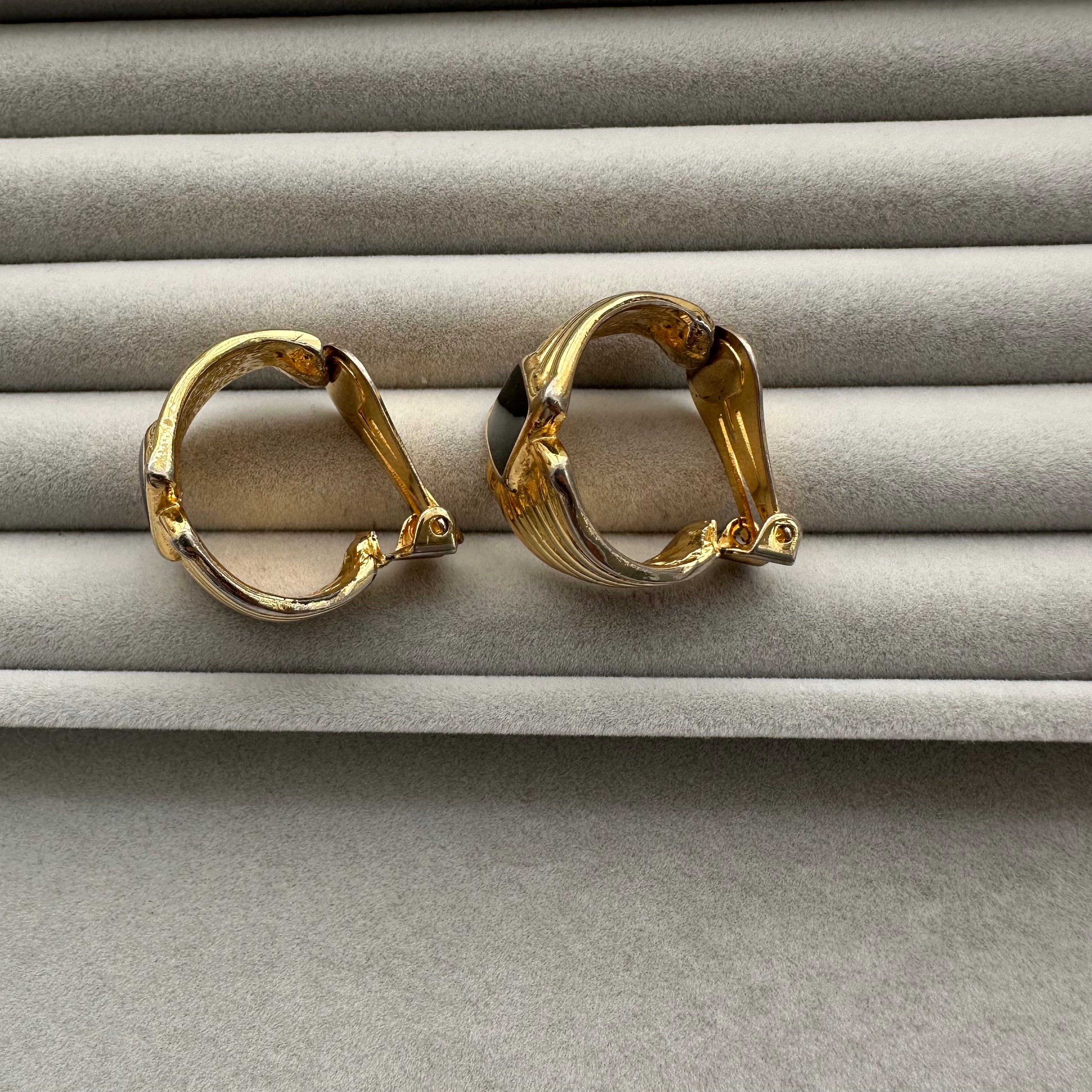 Vintage gold-tone and black textured hoop clip-on earrings