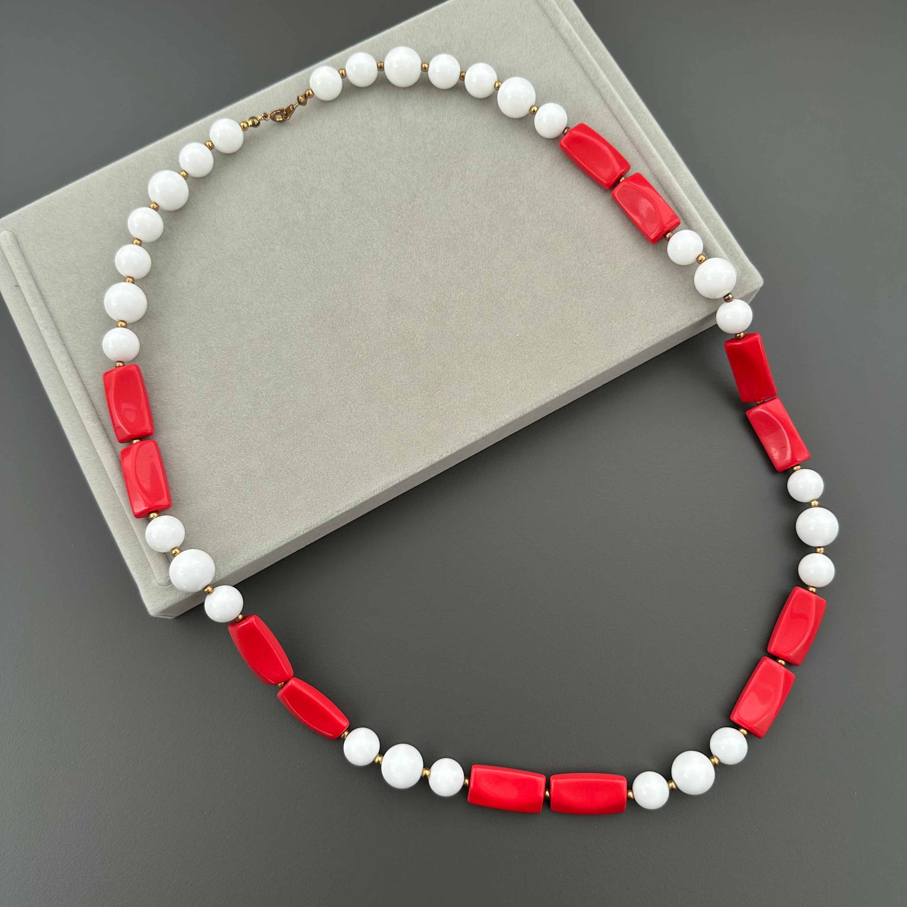 Vintage red and white plastic bead necklace