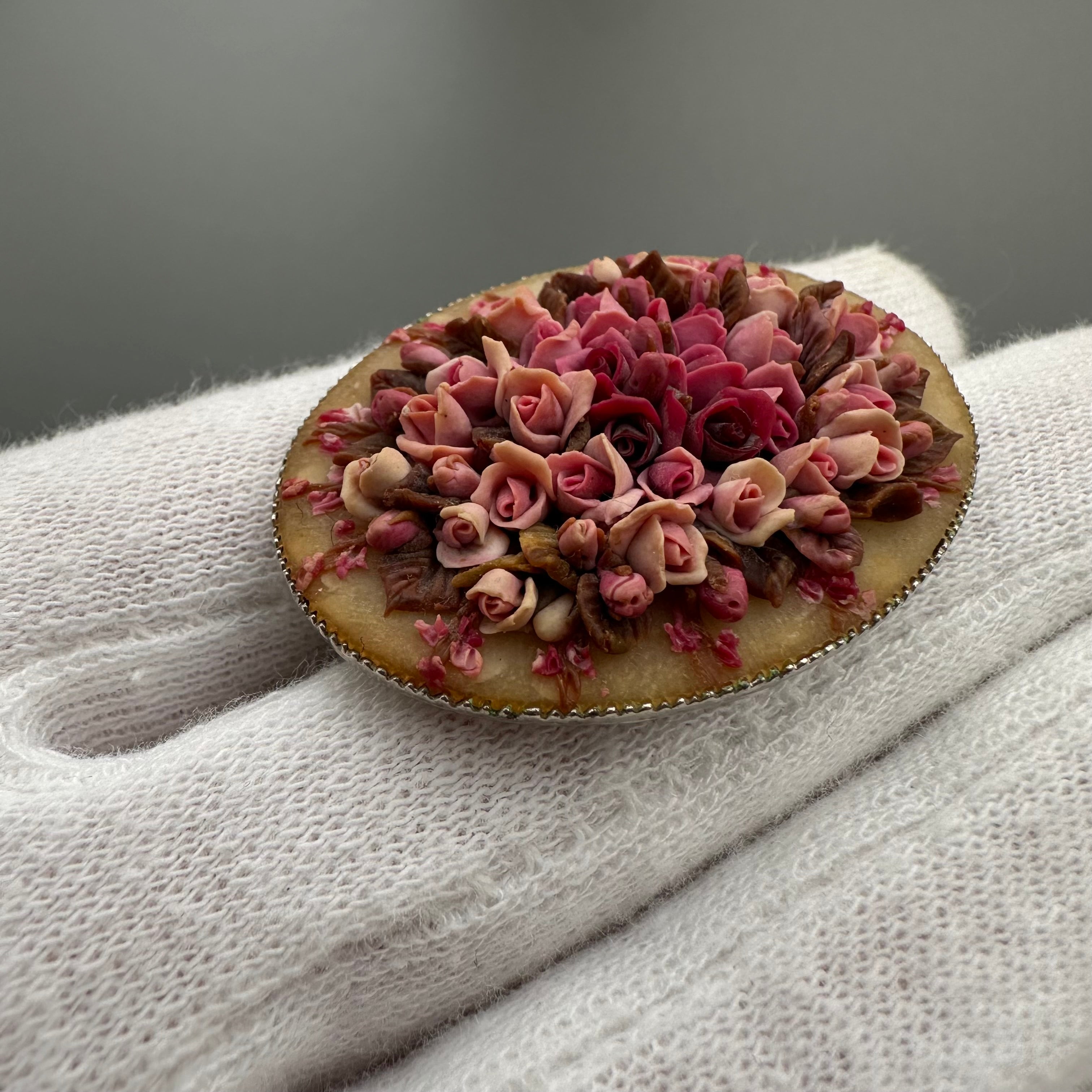 Vintage handmade floral oval brooch
