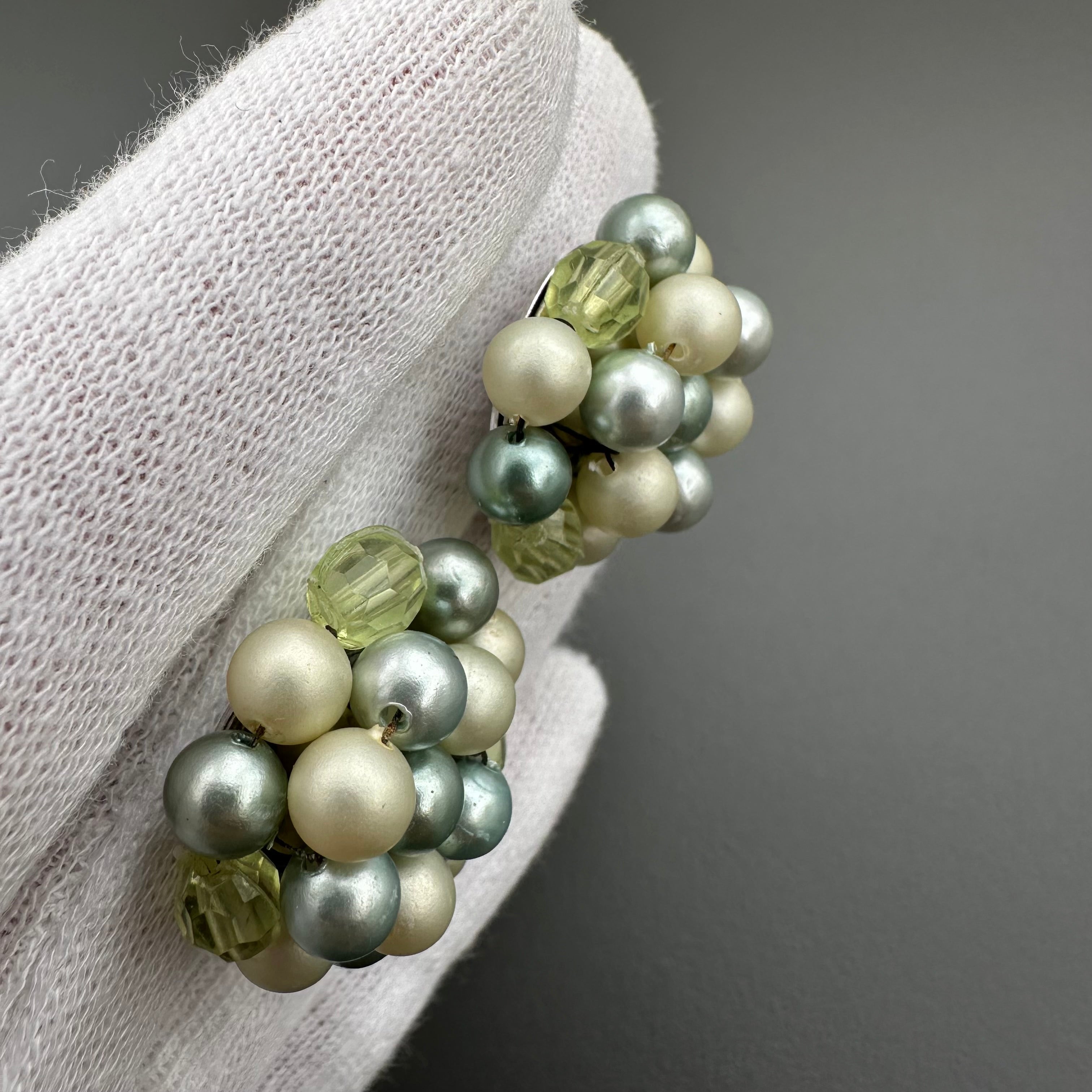 Vintage Japan mint green & light green beaded clip on earrings