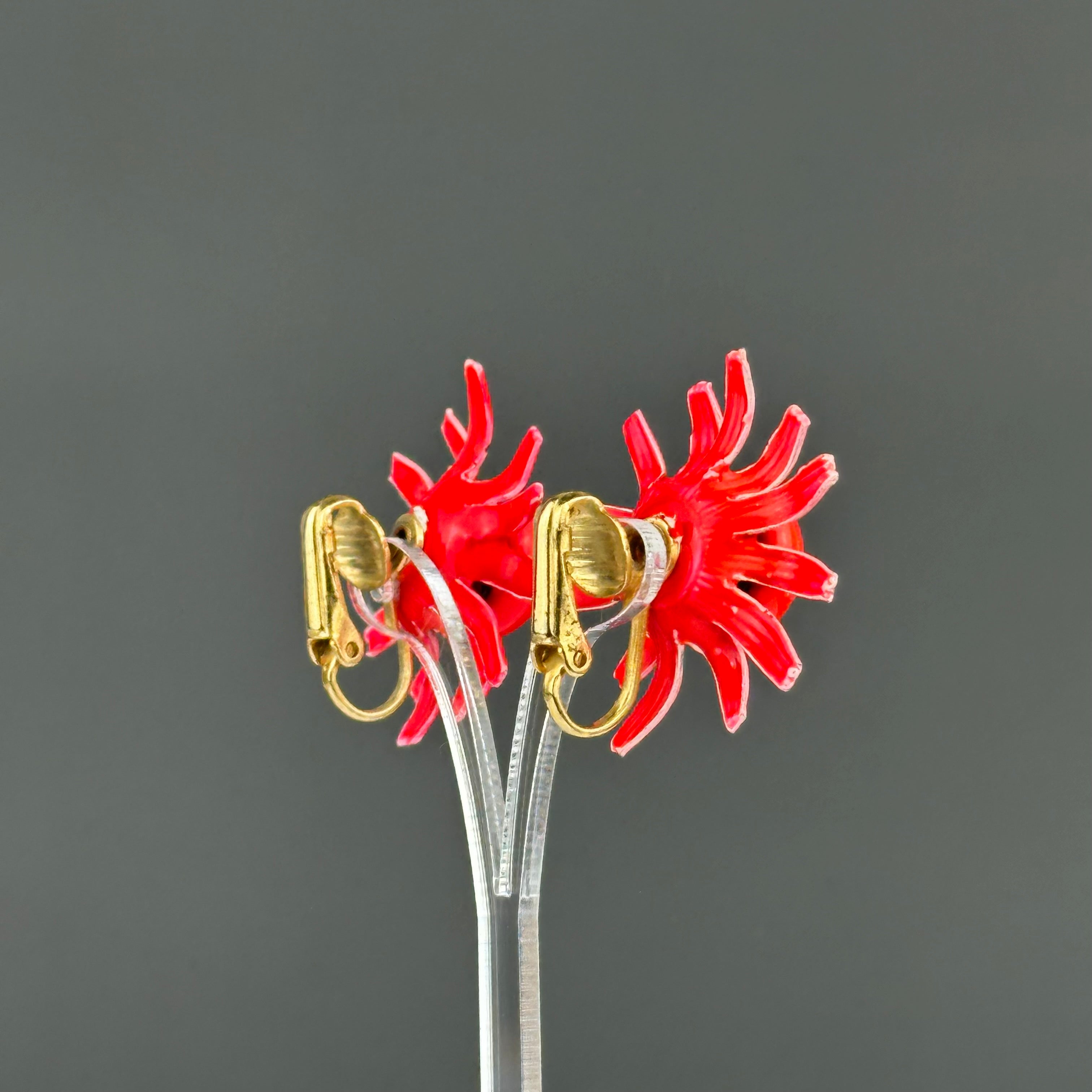 Vintage red enamel flower clip-on earrings