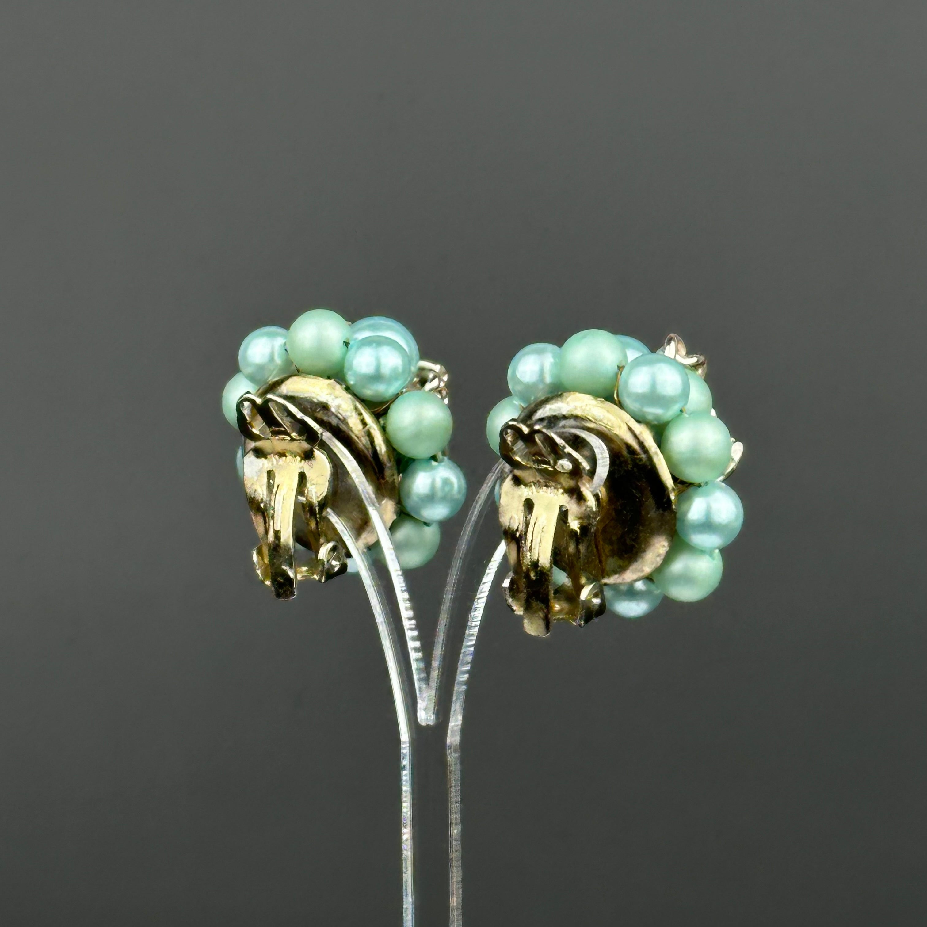 Vintage Japan mint green & gold beaded clip on earrings