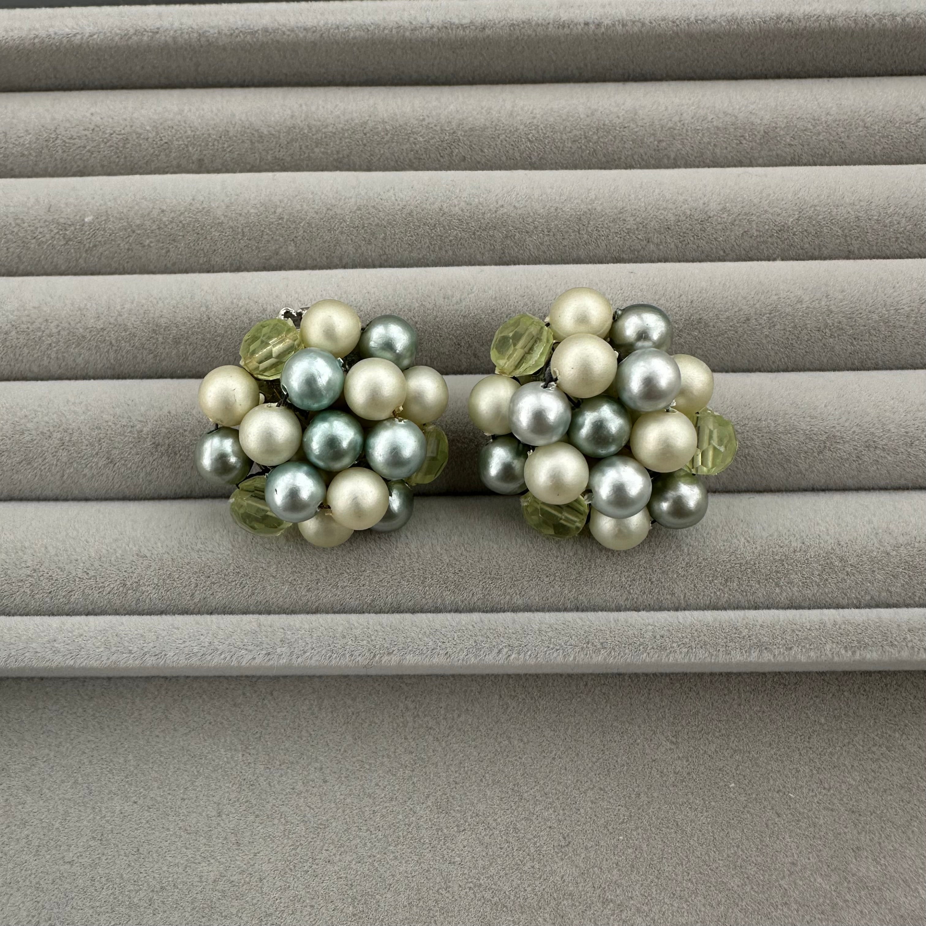 Vintage Japan mint green & light green beaded clip on earrings