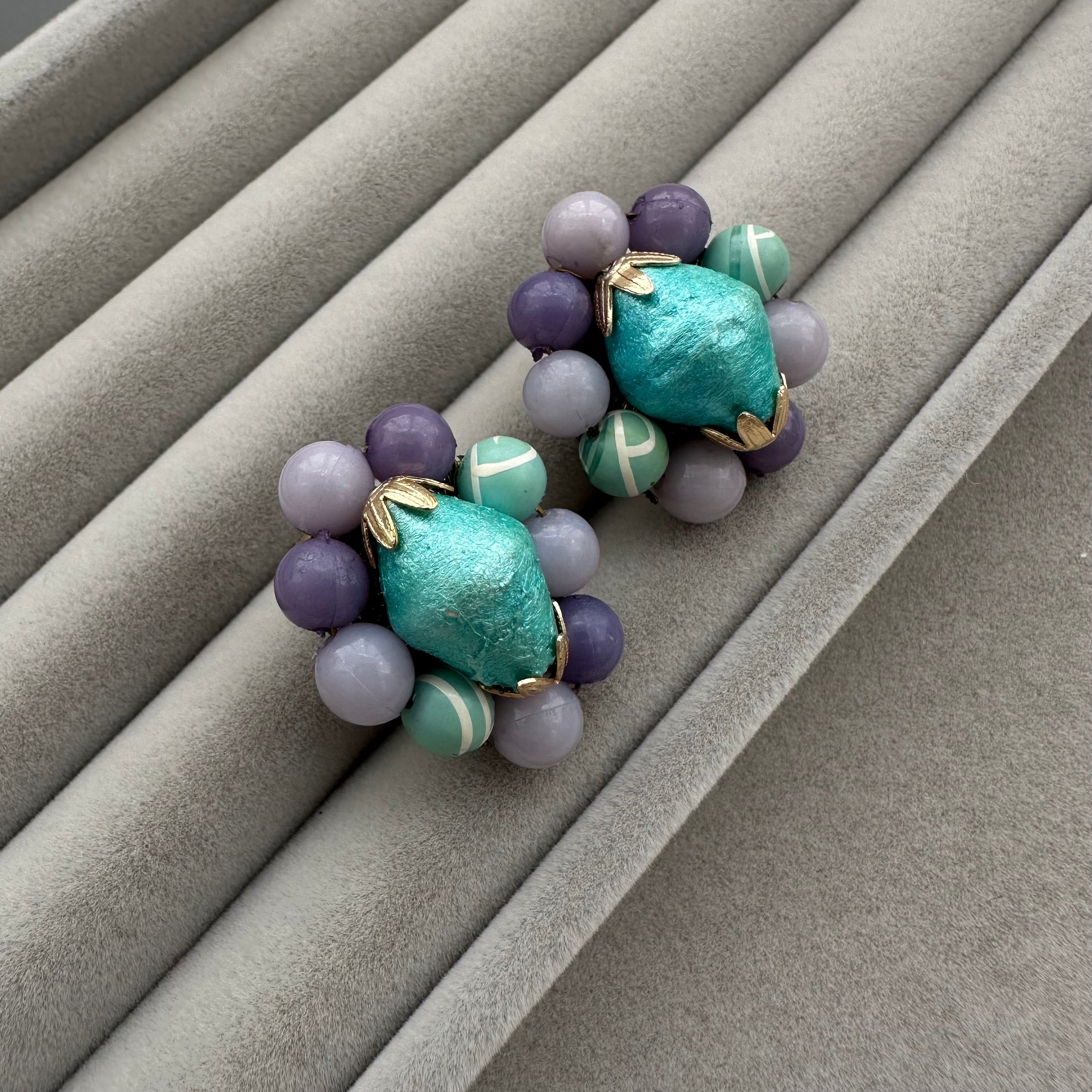 Vintage Japan turquoise & lavender beaded clip-on earrings