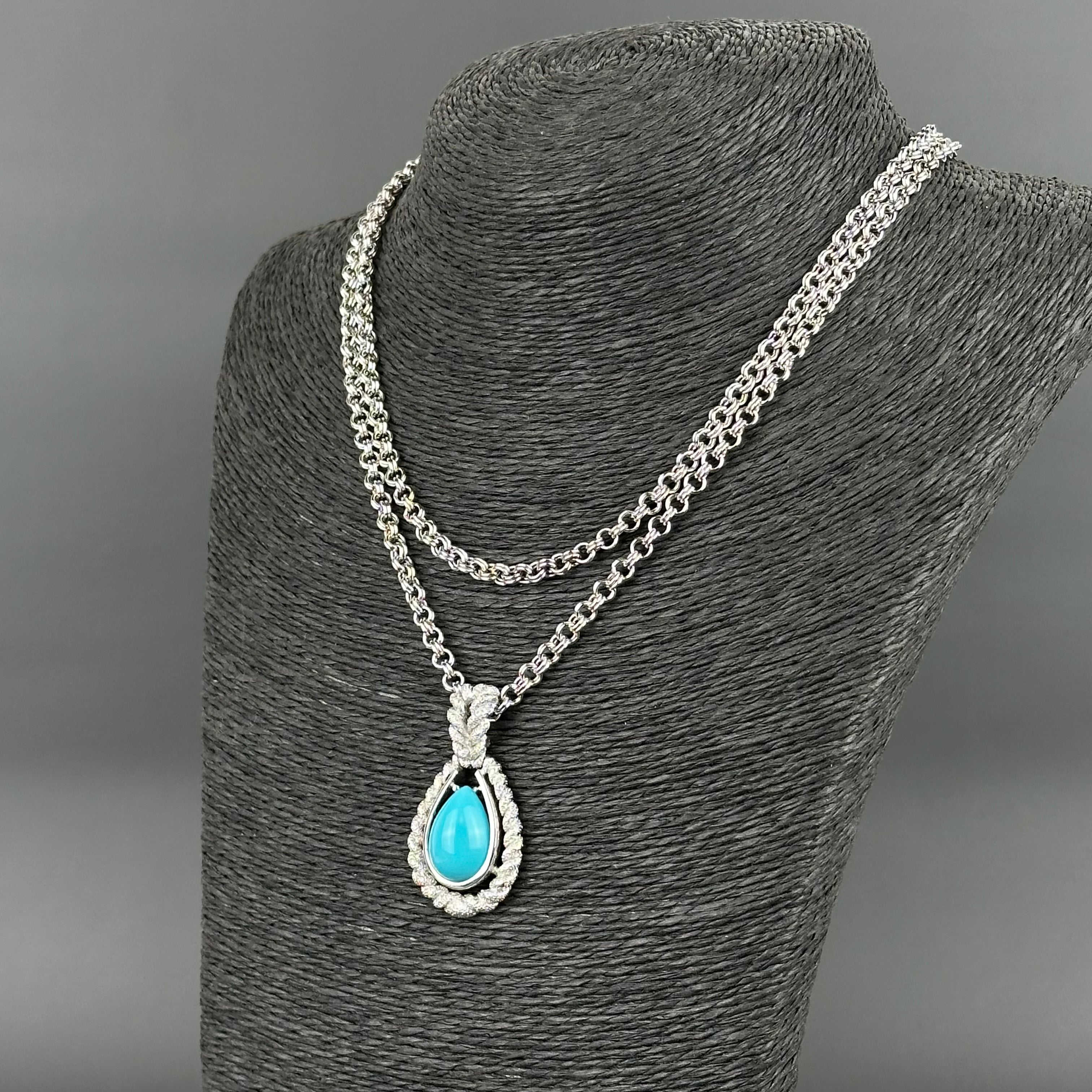 Vintage AVON silver tone double chain necklace with turquoise teardrop pendant