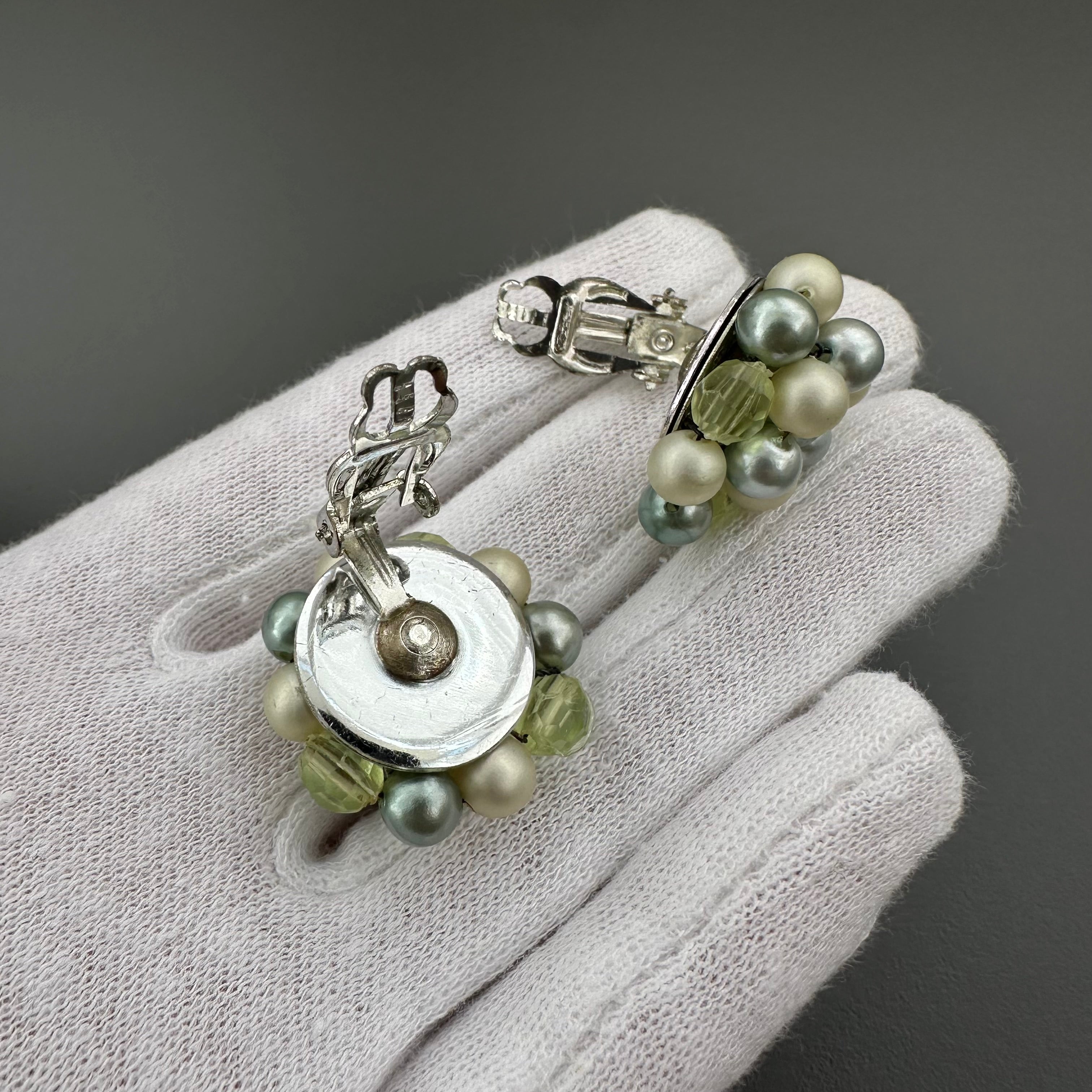 Vintage Japan mint green & light green beaded clip on earrings