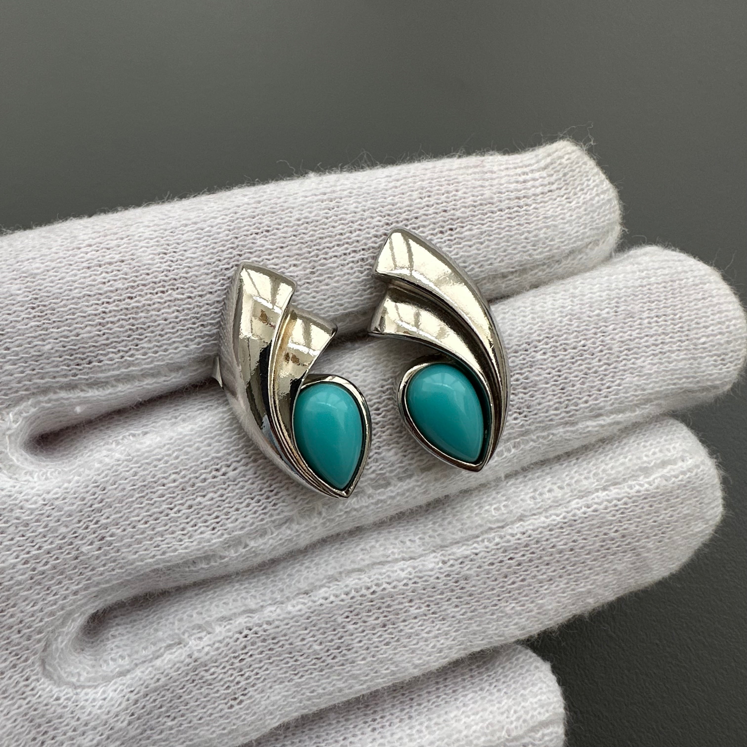 Vintage silver tone and blue сabochons earrings