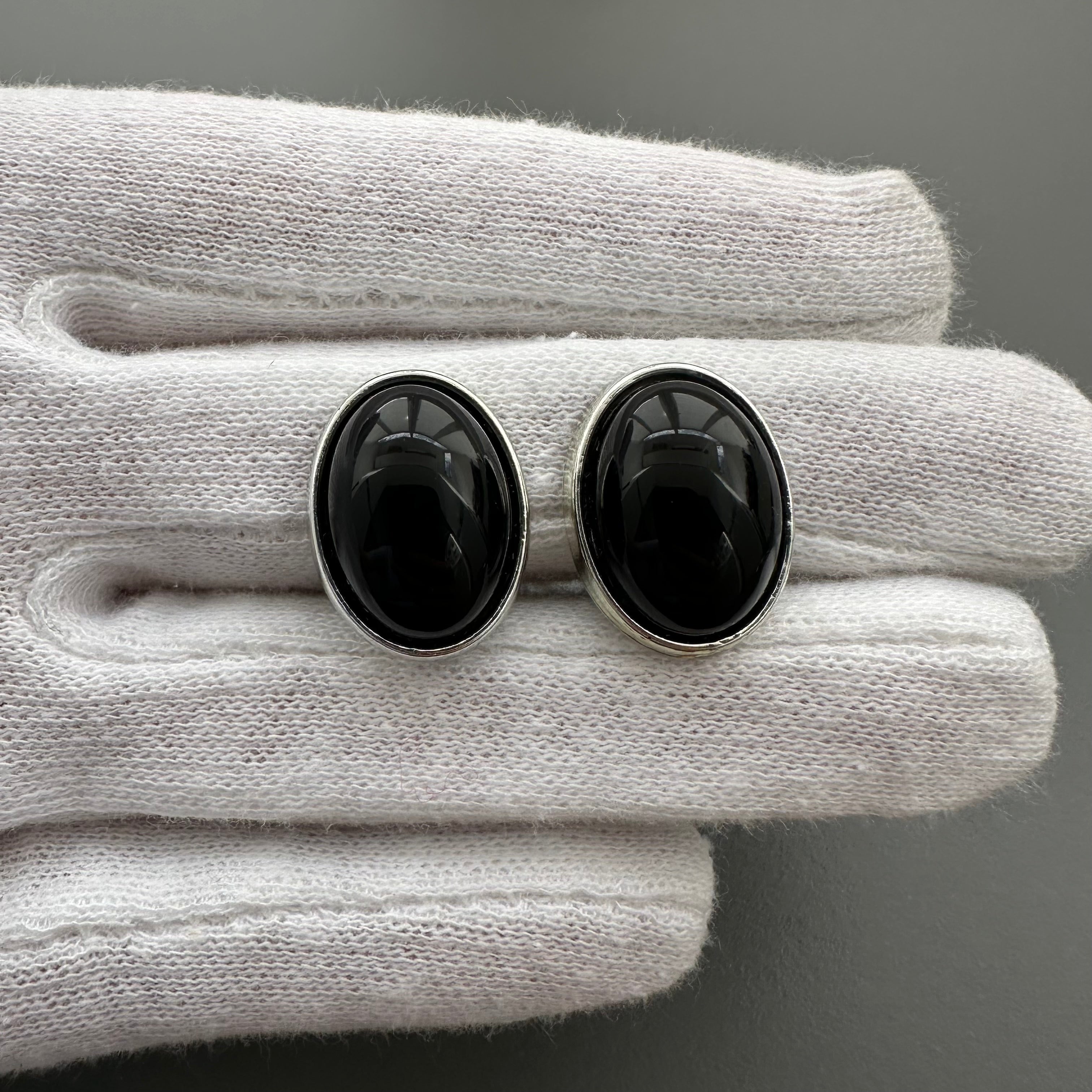 Vintage silver tone and black oval clip on earrings