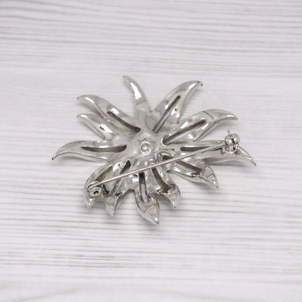 Vintage Jomaz silver-tone and rhinestone flower brooch