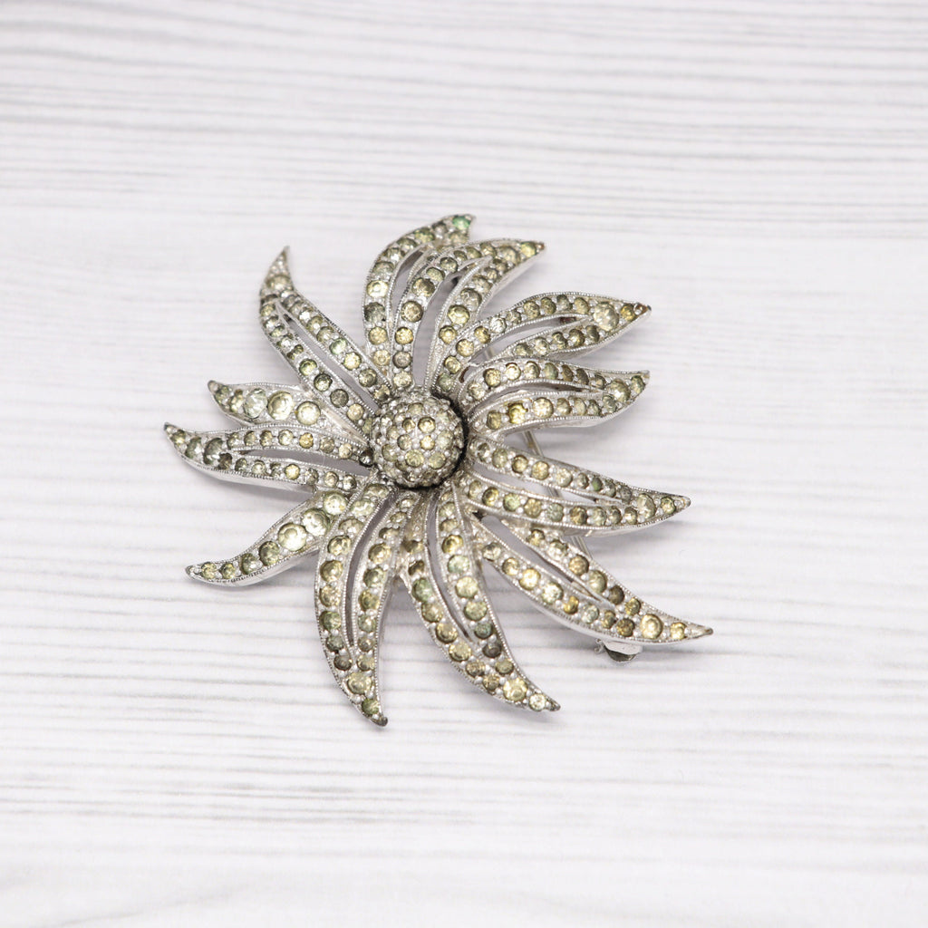Vintage Jomaz silver-tone and rhinestone flower brooch