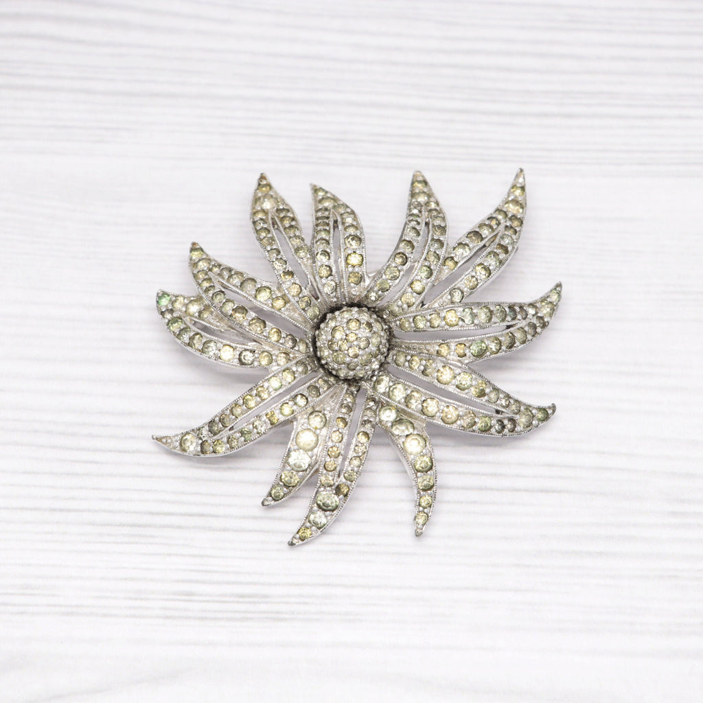 Vintage Jomaz silver-tone and rhinestone flower brooch