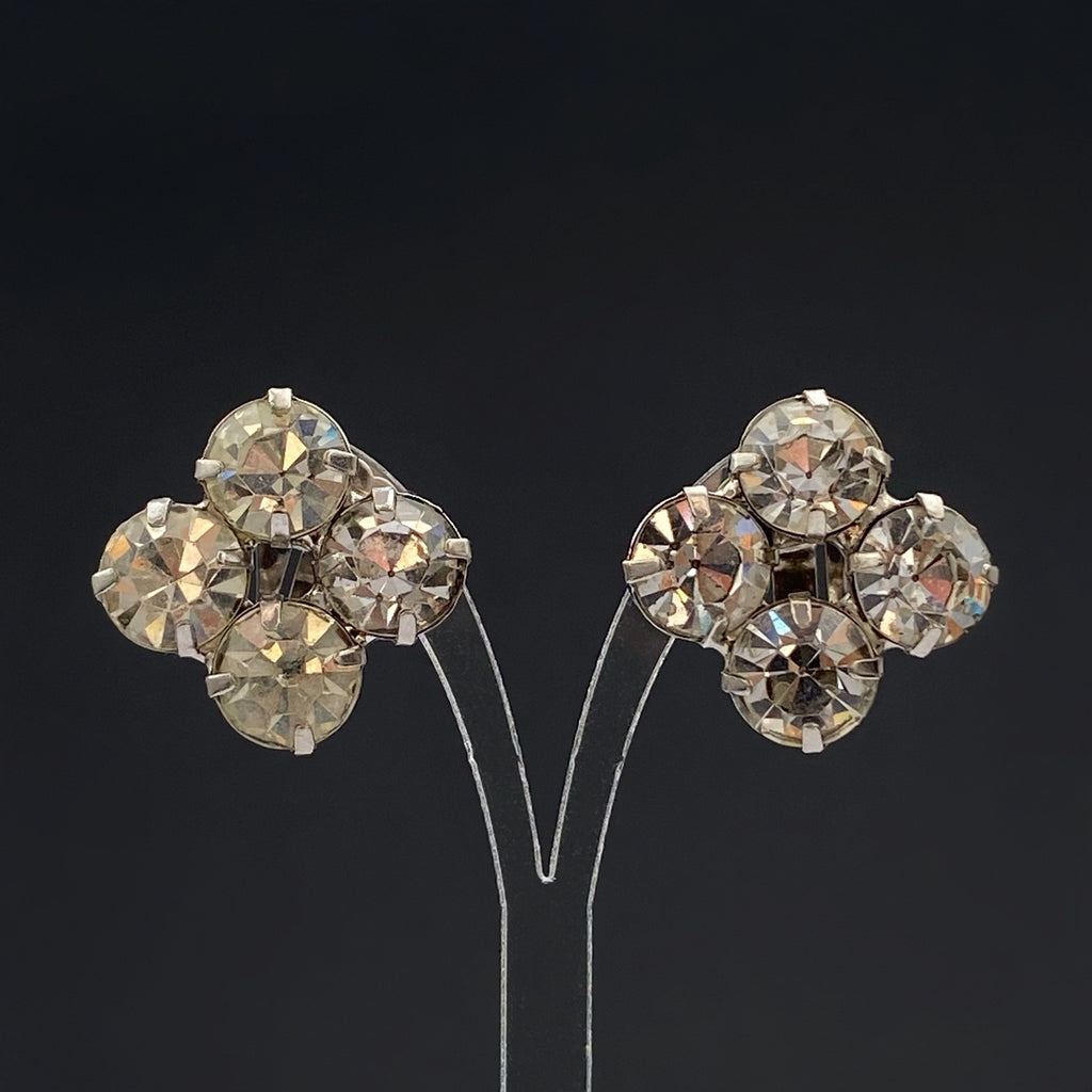 Vintage Rhinestone Clip On Earrings: Silver Tone Costume Jewelry