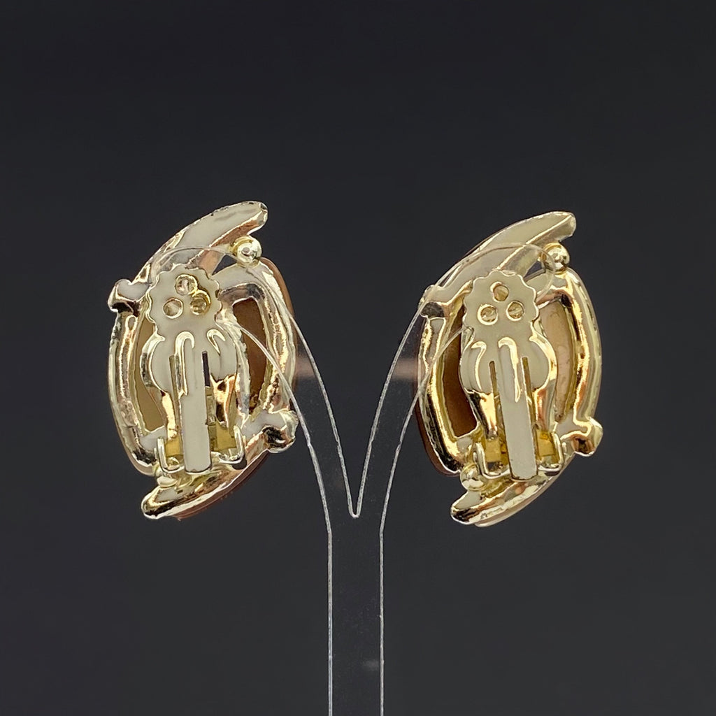 Vintage Lucite Clip On Earrings: Beige & Brown Costume Jewelry