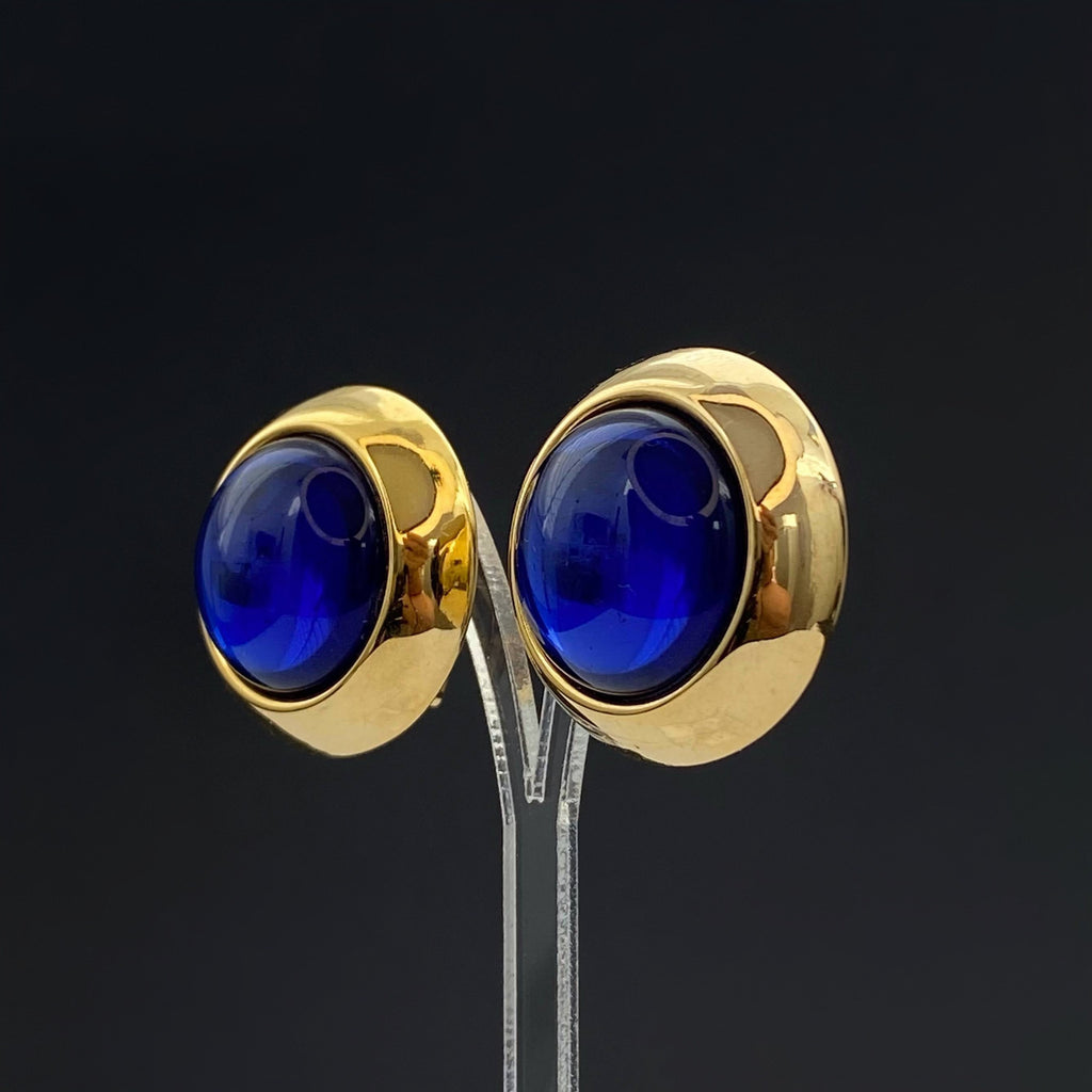 Vintage gold tone and navy lucite round clip on earrings Vintage 80s jewelry