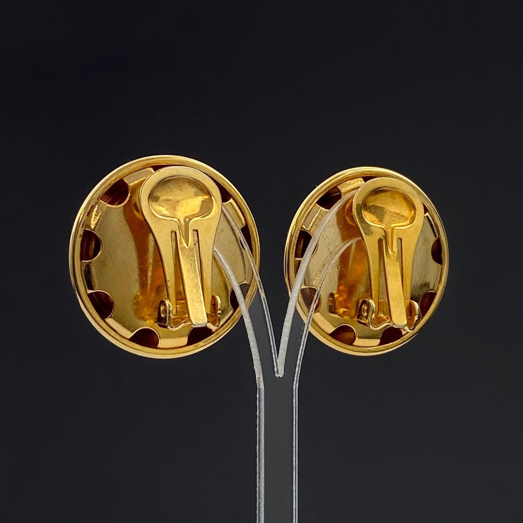 Vintage gold tone and navy lucite round clip on earrings Vintage 80s jewelry