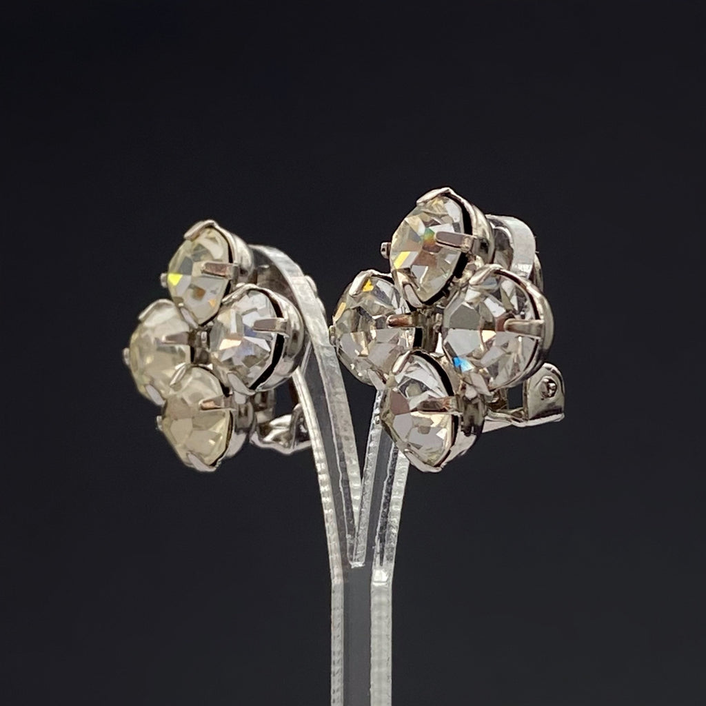 Vintage Rhinestone Clip On Earrings: Silver Tone Costume Jewelry