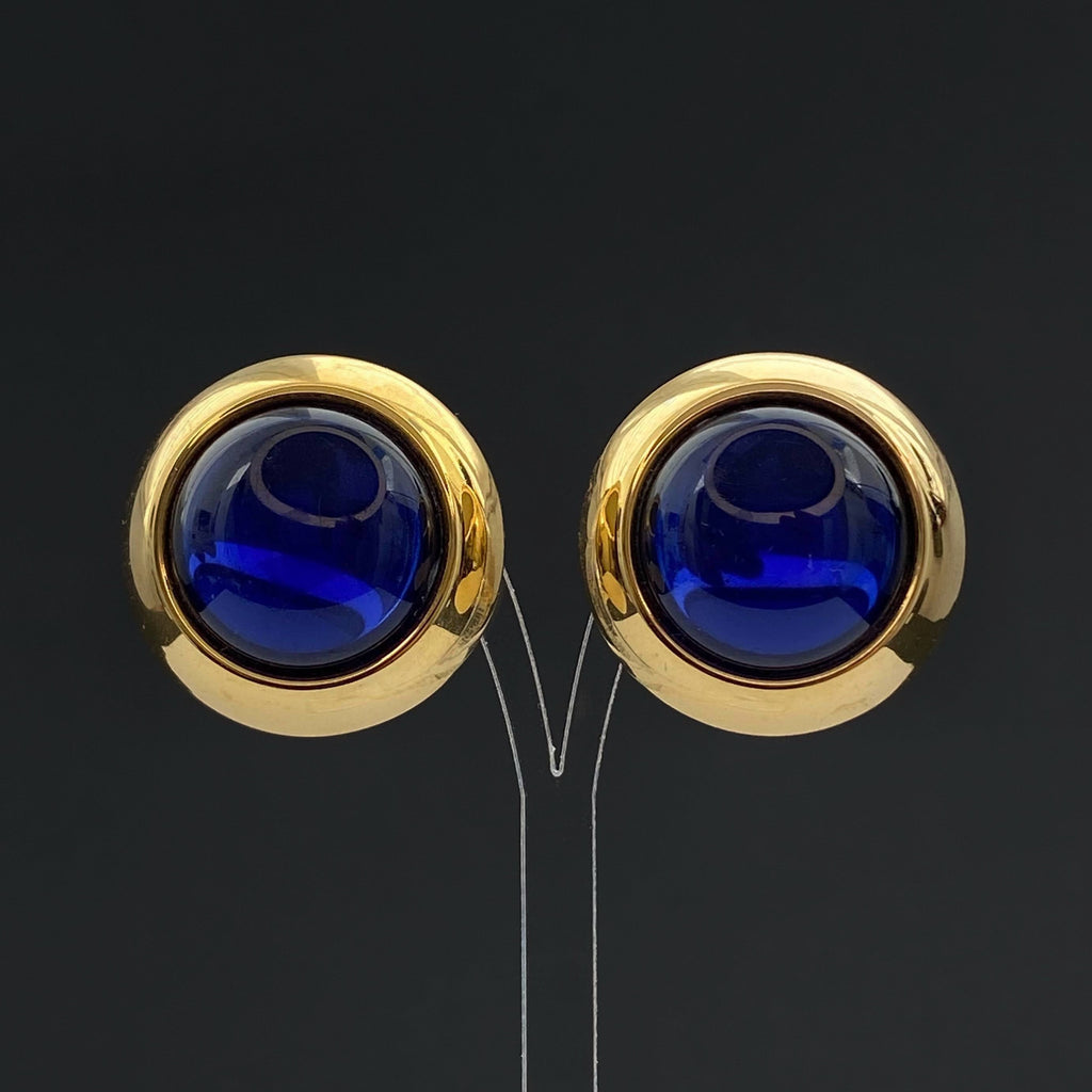 Vintage gold tone and navy lucite round clip on earrings Vintage 80s jewelry