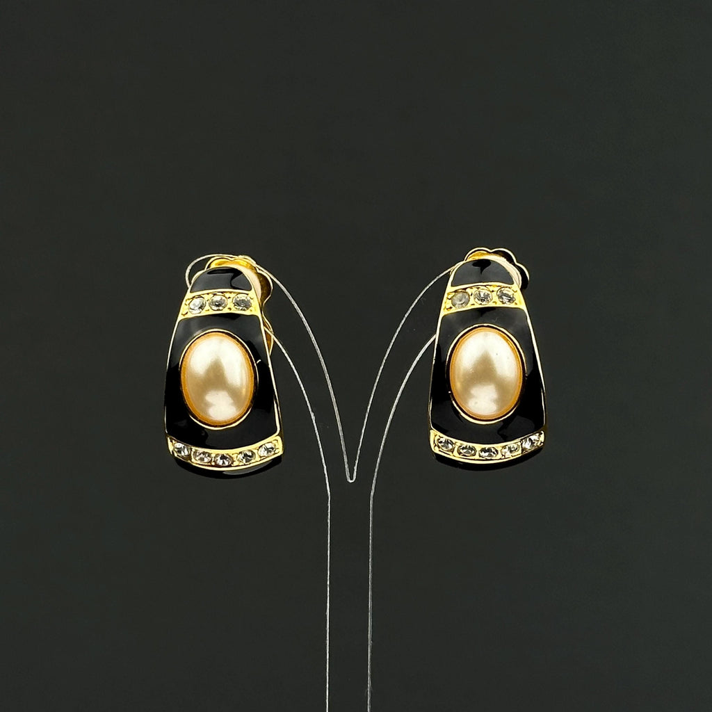 Vintage Joan Rivers black enamel rhinestone and  faux pearl hoop clip on earrings