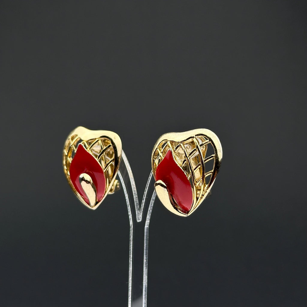 Vintage Balenciaga Paris gold tone and red enamel clip on earrings