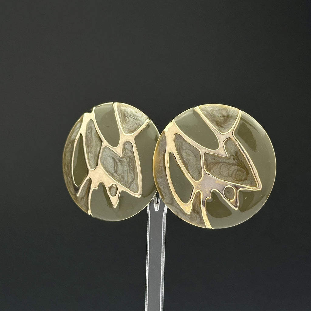 Vintage gold tone and green enamel round earrings