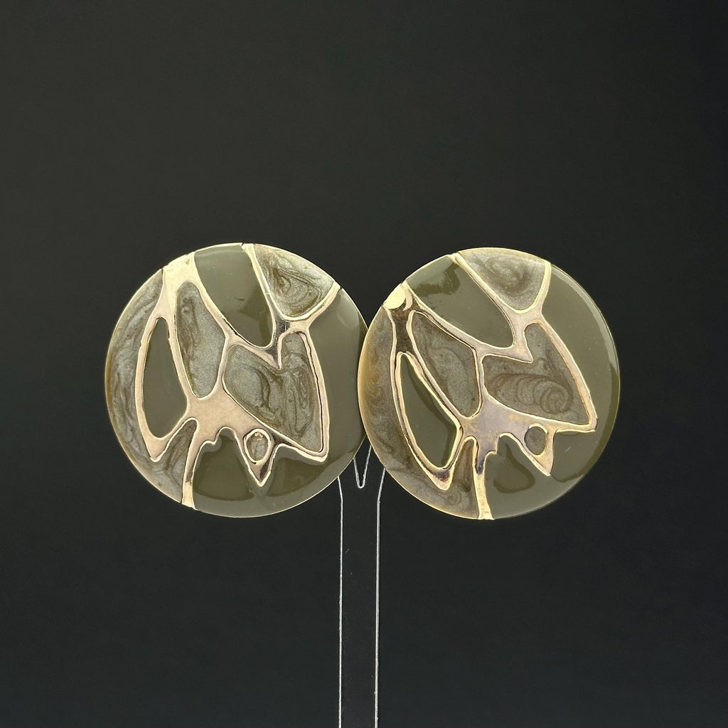 Vintage gold tone and green enamel round earrings