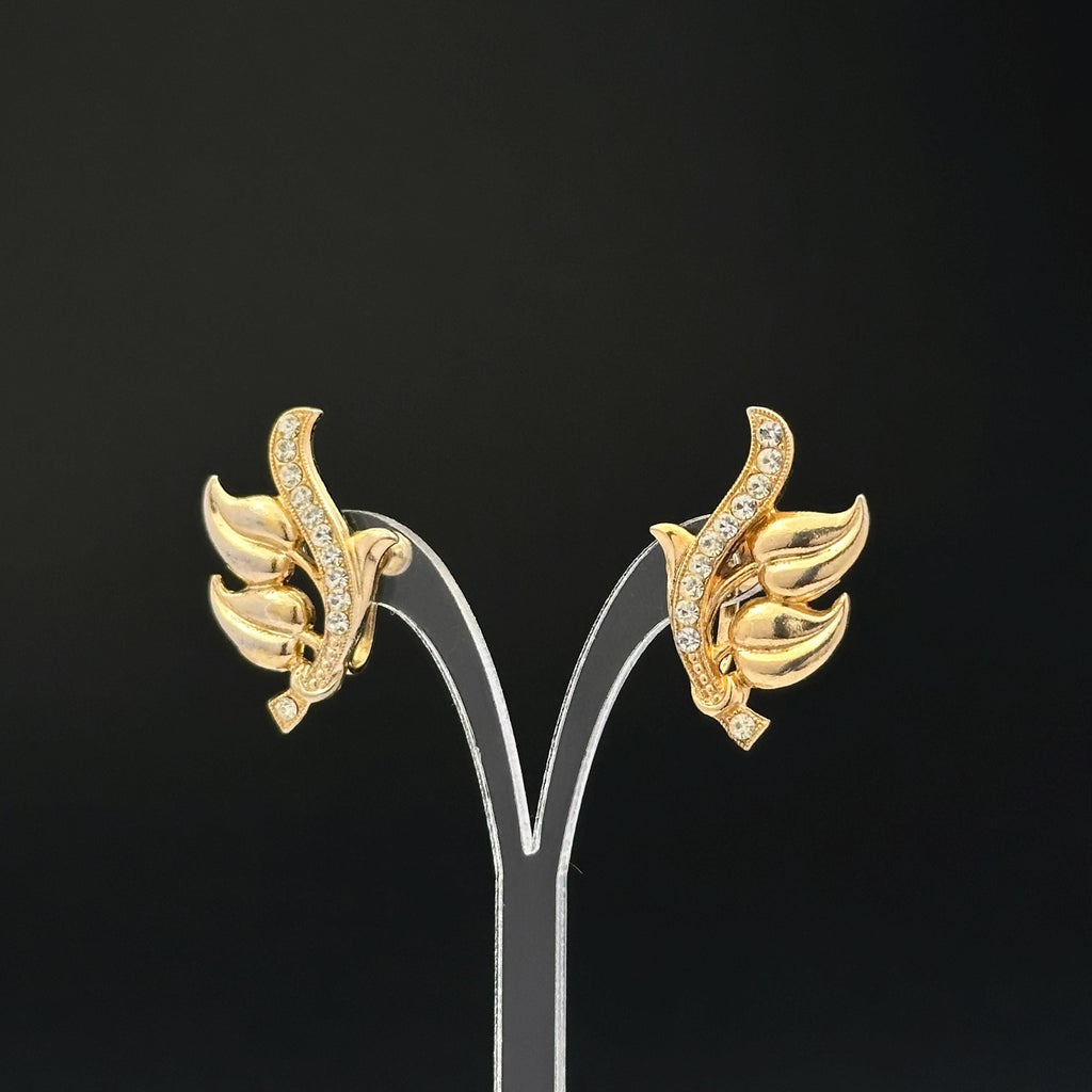 Vintage gold-tone leaf and clear rhinestones screw back earrings